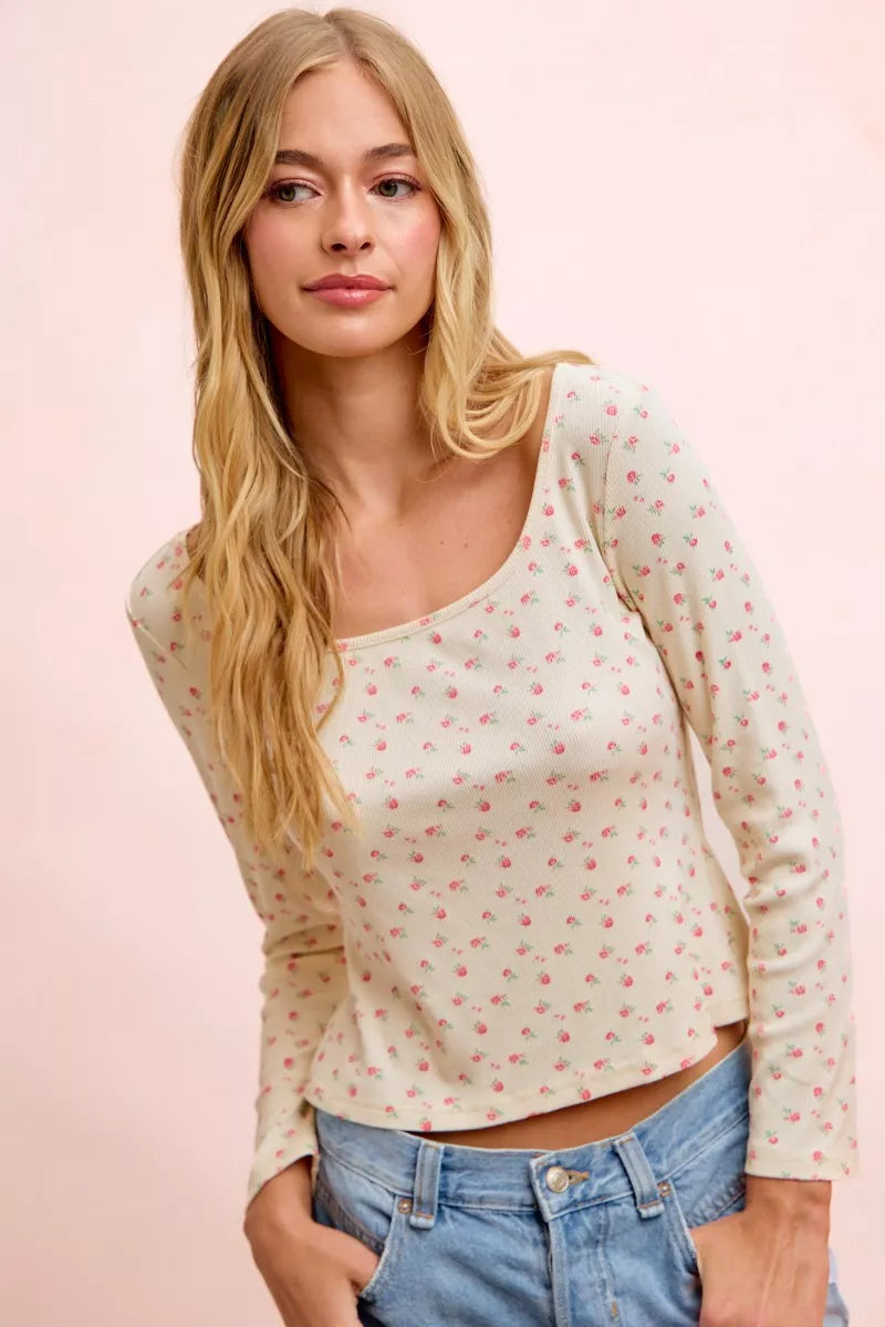 Women's cream floral print long-sleeve top - product view 4