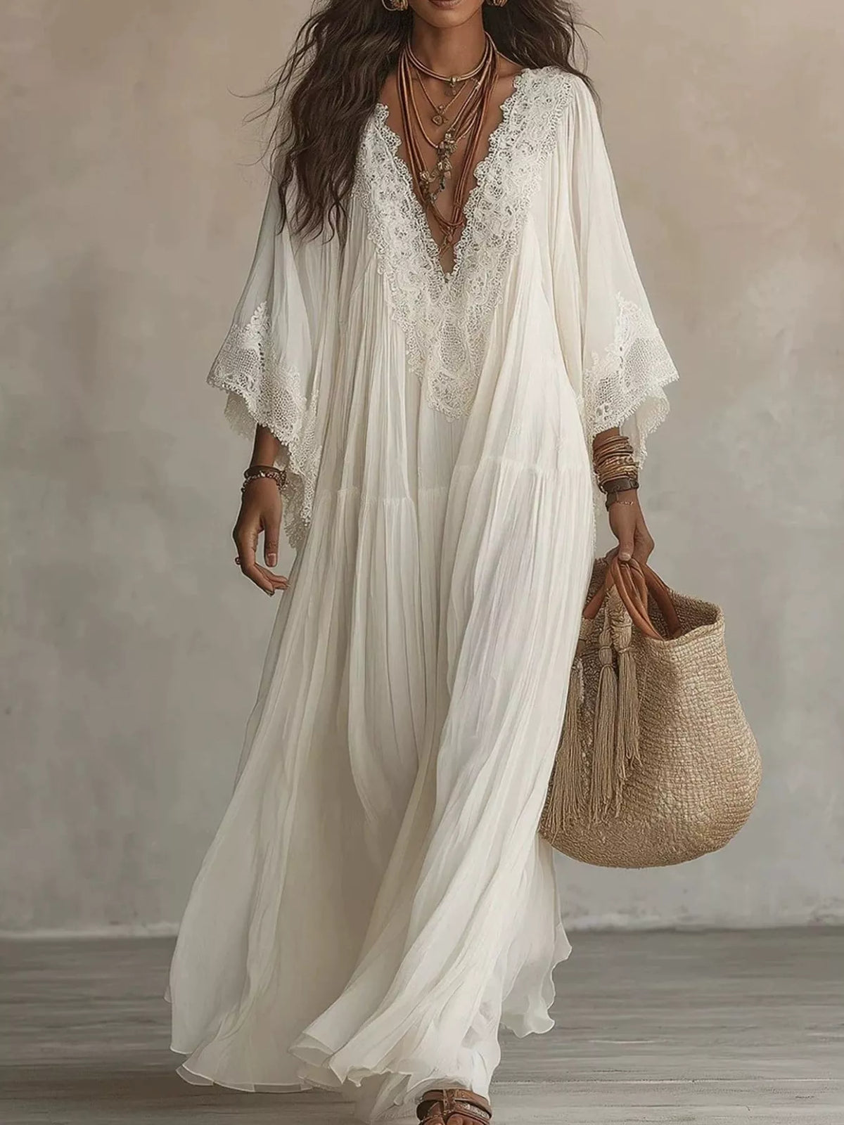 V-Neck Lace Trim Maxi Dress — front view