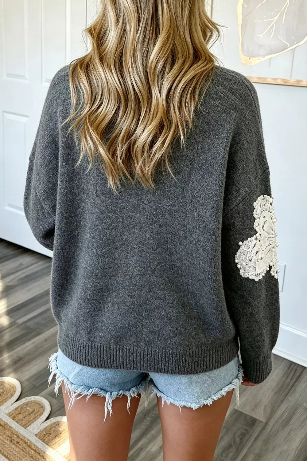Pearl Embellished Floral Drop-Shoulder Sweater in Dark Gray