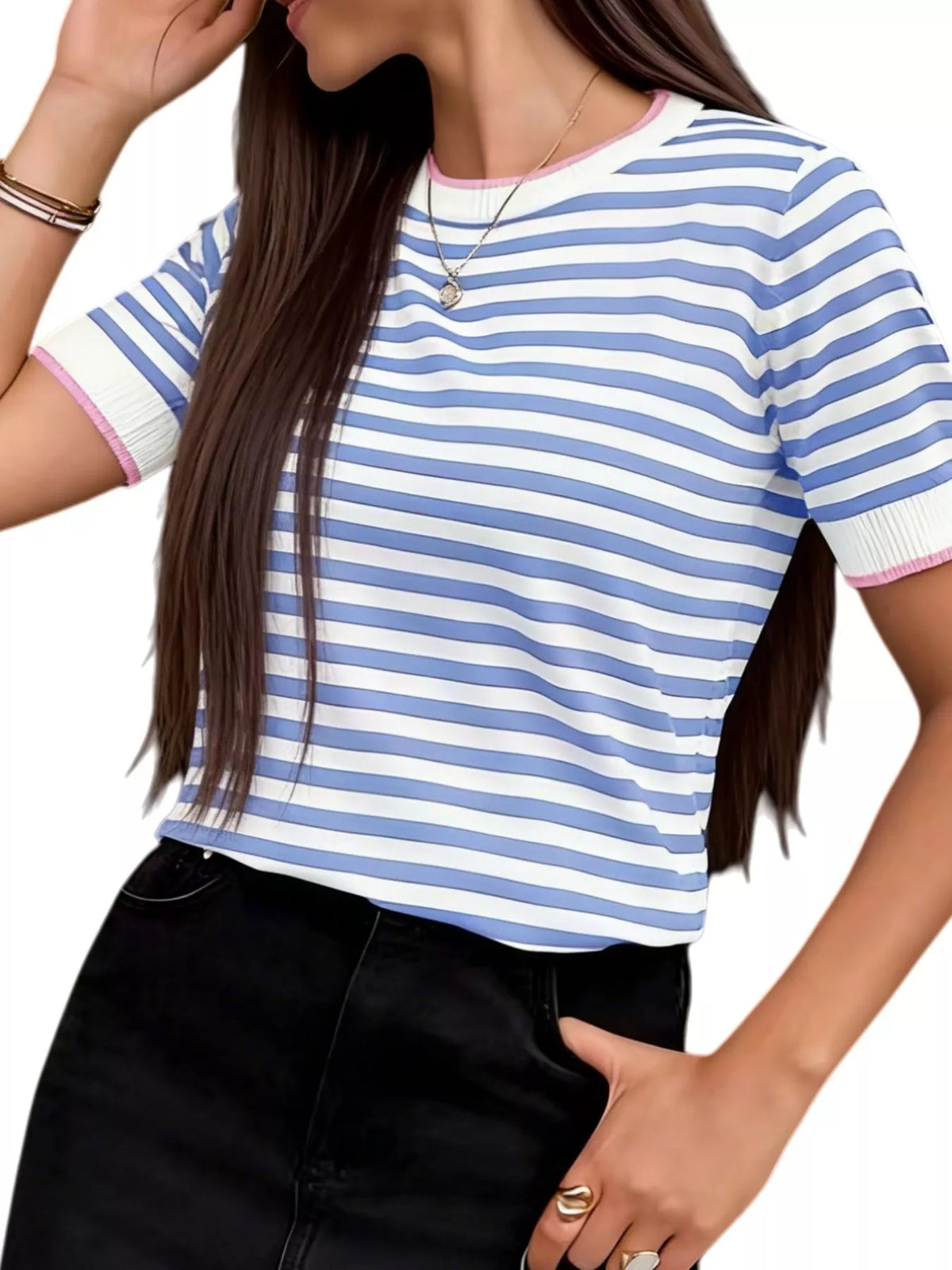Trendsi Contrast Trim Striped Short Sleeve Knit Top -