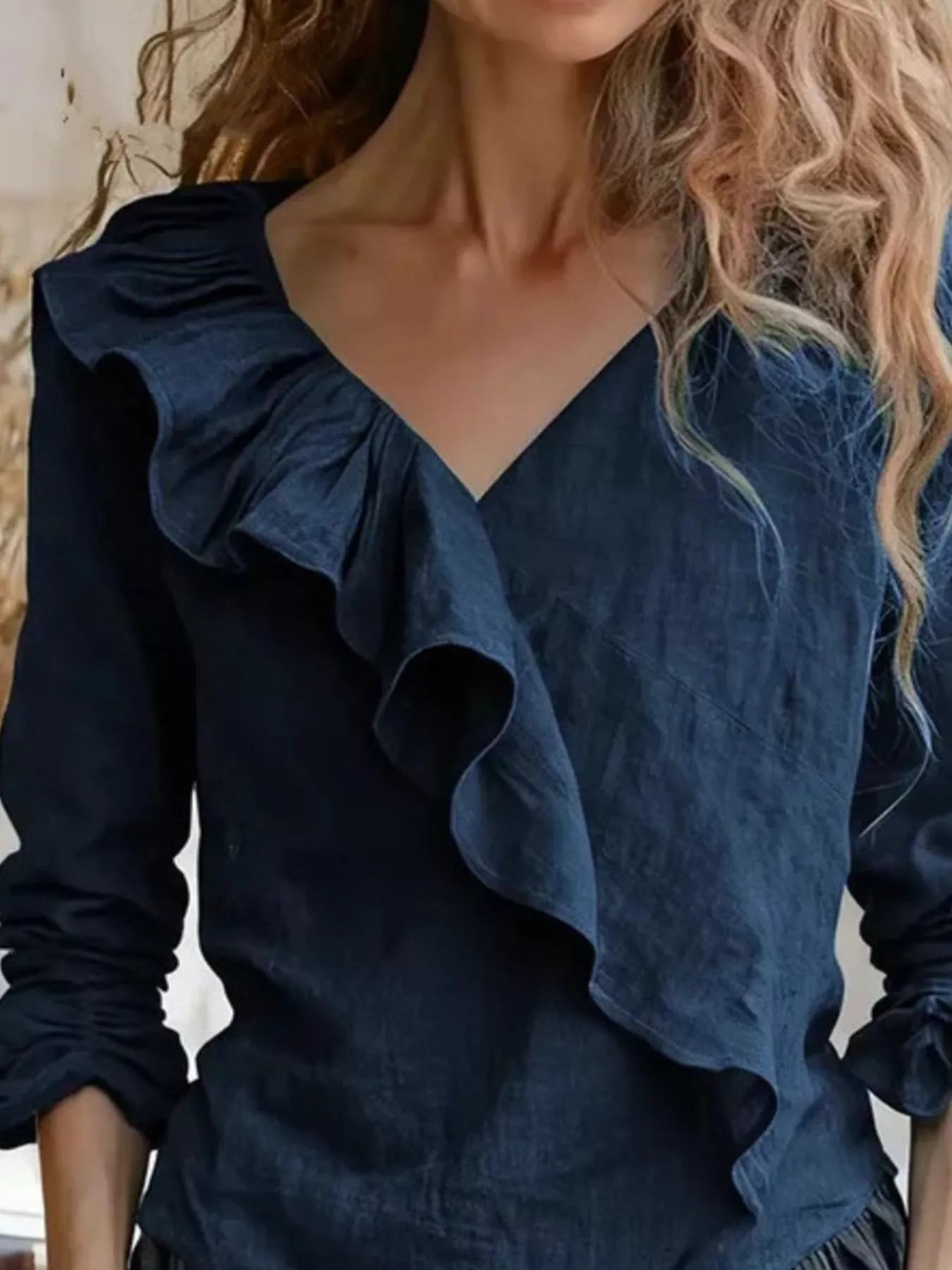 Trendsi V-Neck Ruffled Long Sleeve Blouse -