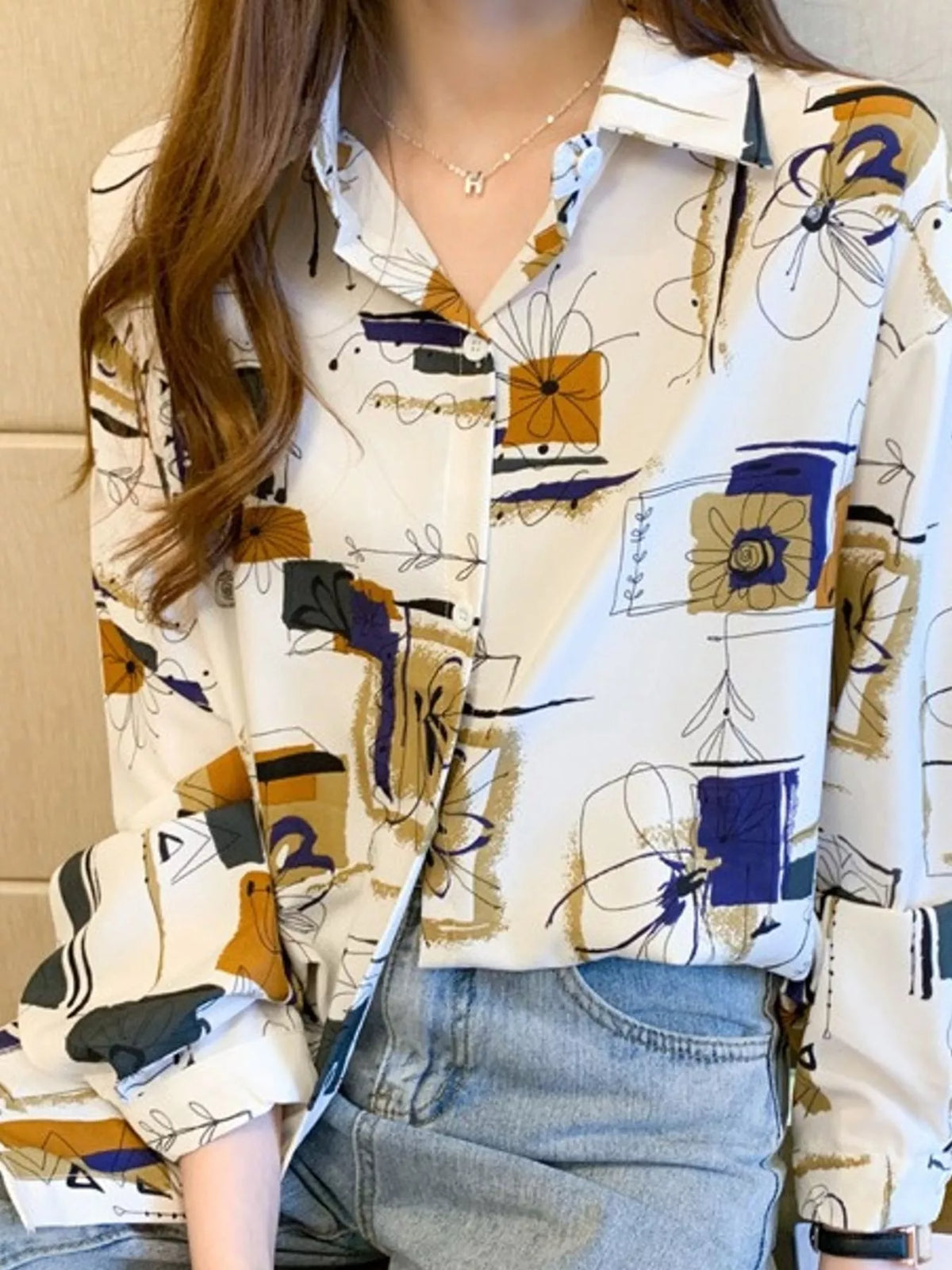 Printed Long Sleeve Button-Down Shirt in white with multicolor print