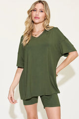 Trendsi Basic Bae Full Size V-Neck Drop Shoulder T-Shirt and Shorts Set -