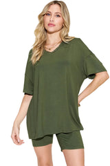 Trendsi Basic Bae Full Size V-Neck Drop Shoulder T-Shirt and Shorts Set -