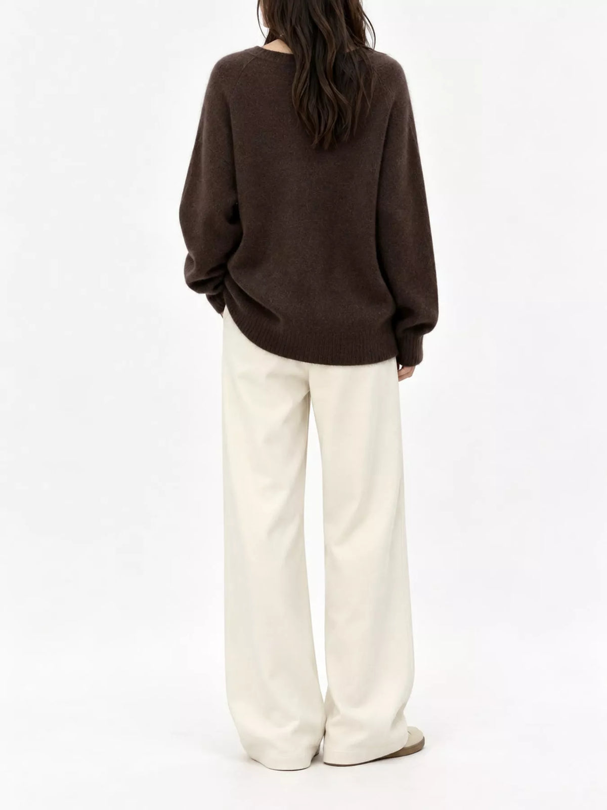 Brown v-neck sweater, back view