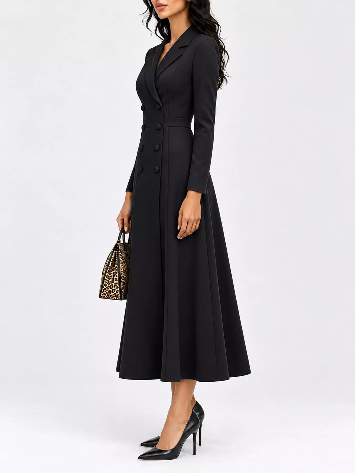 Black double-breasted lapel collar midi dress — side view