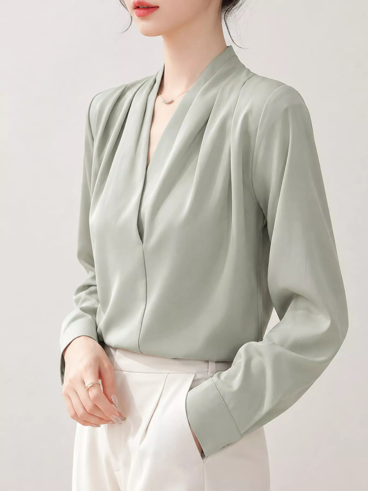 Women's V-Neck Pleated Shoulder Satin Blouse in sage — side view