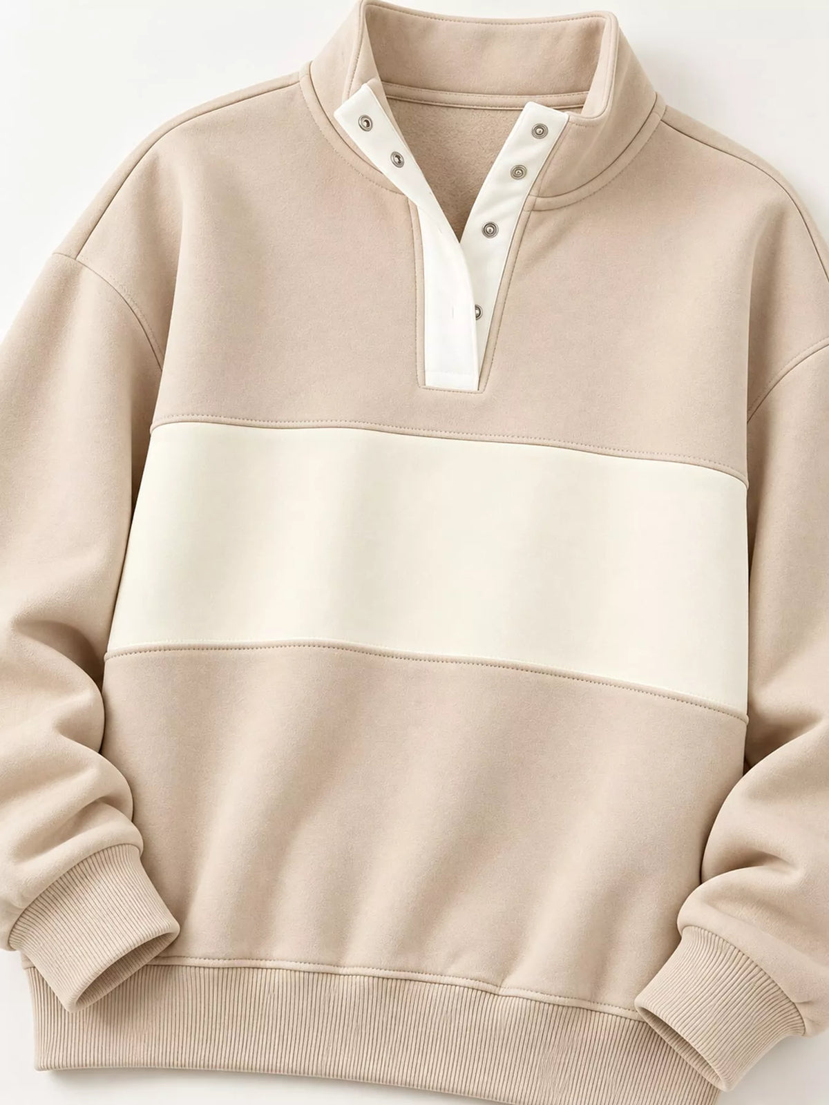 Beige and cream color block snap-button sweatshirt, snap neckline, contrast chest panel, cuffs, and hem