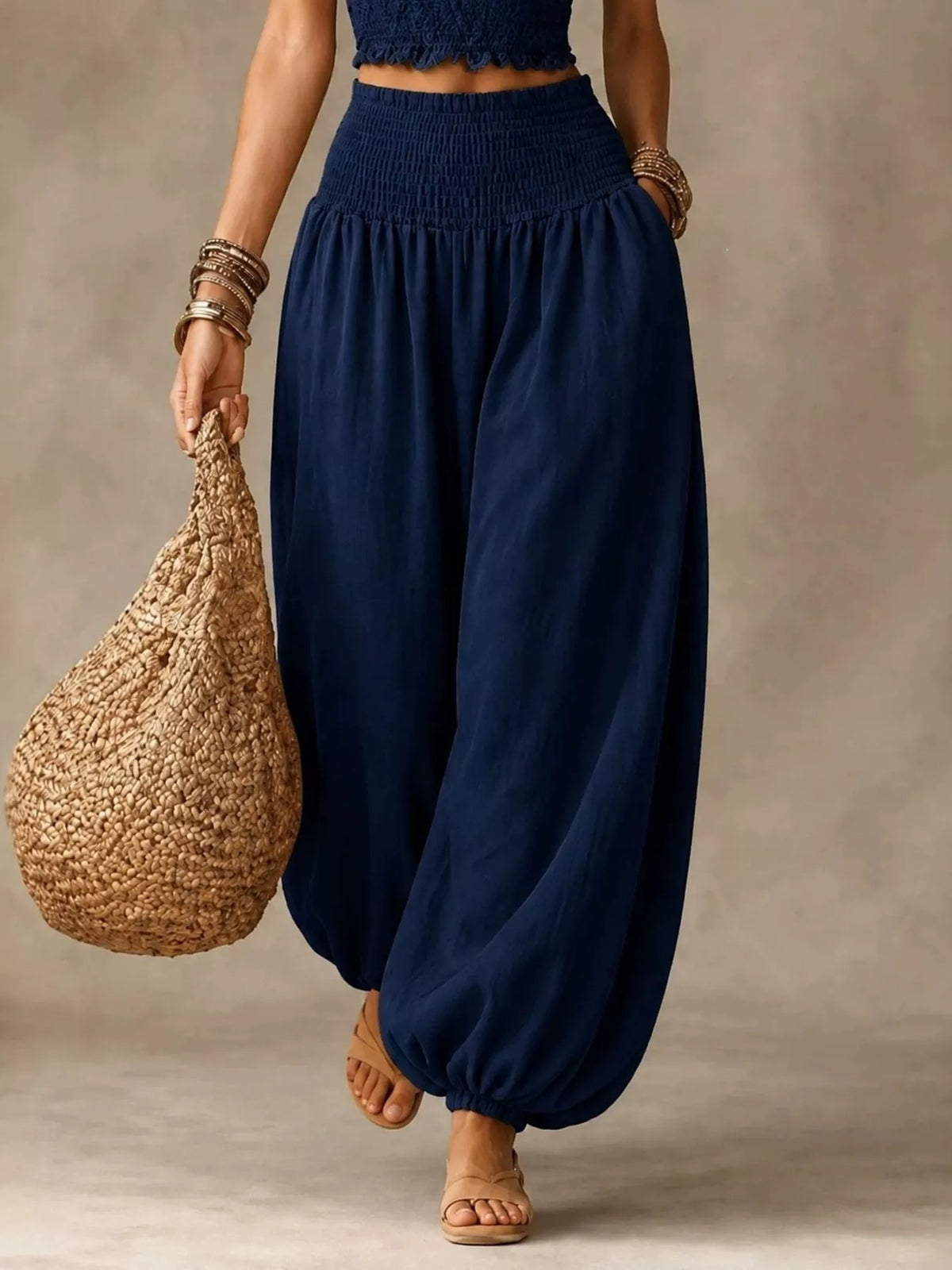 Women's Smocked Harem Pants in navy — front view