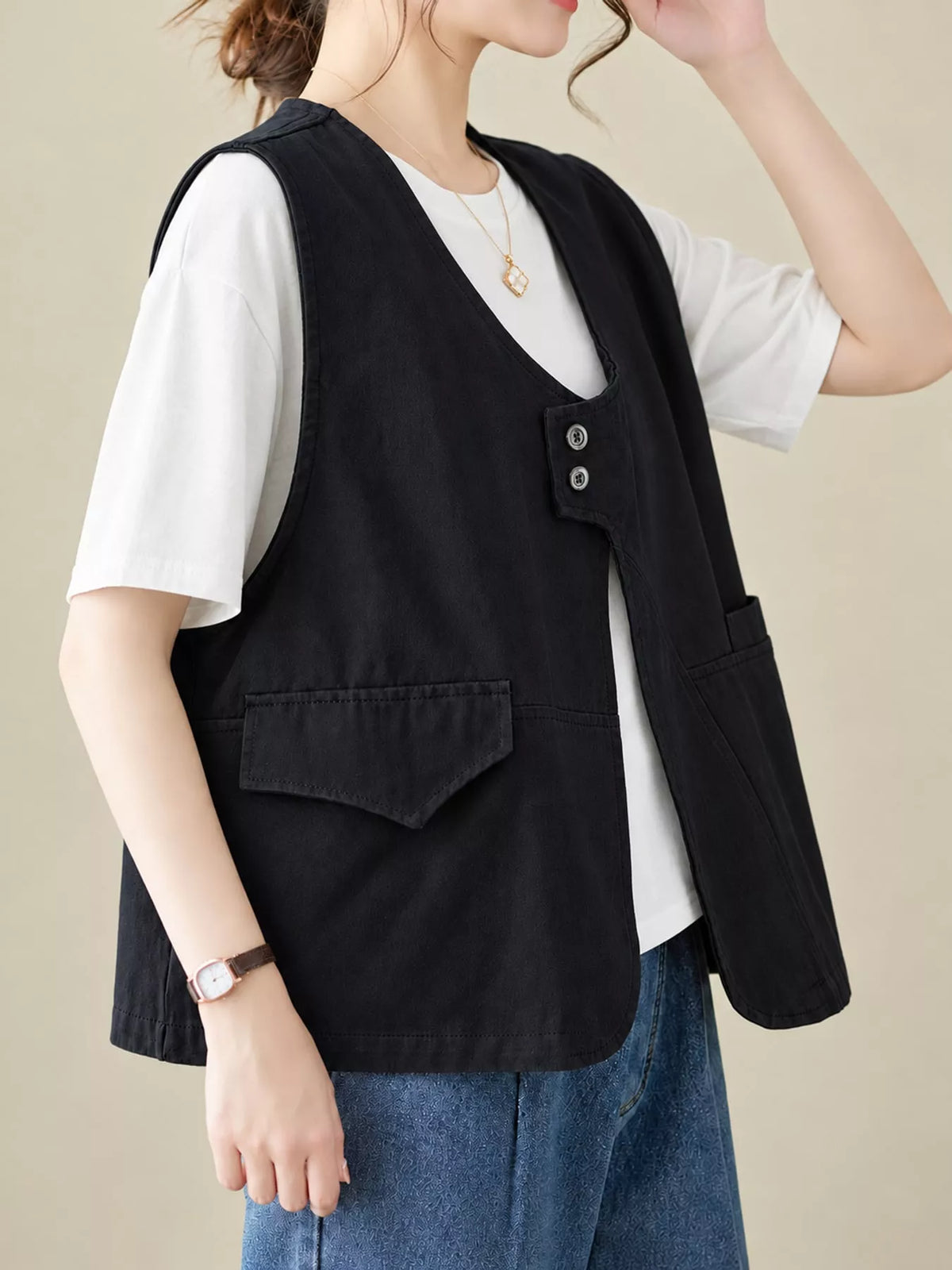 Asymmetric Button Closure Utility Vest Coat in black