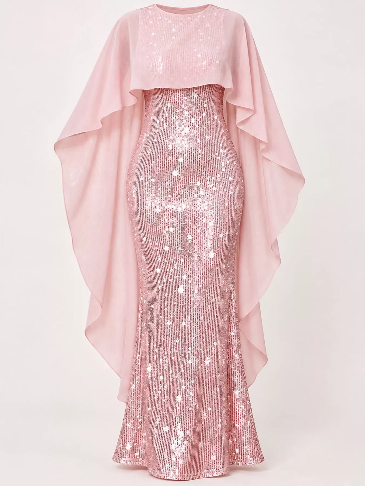 Women's Sequin Cape Overlay Evening Dress in pink — flat lay view