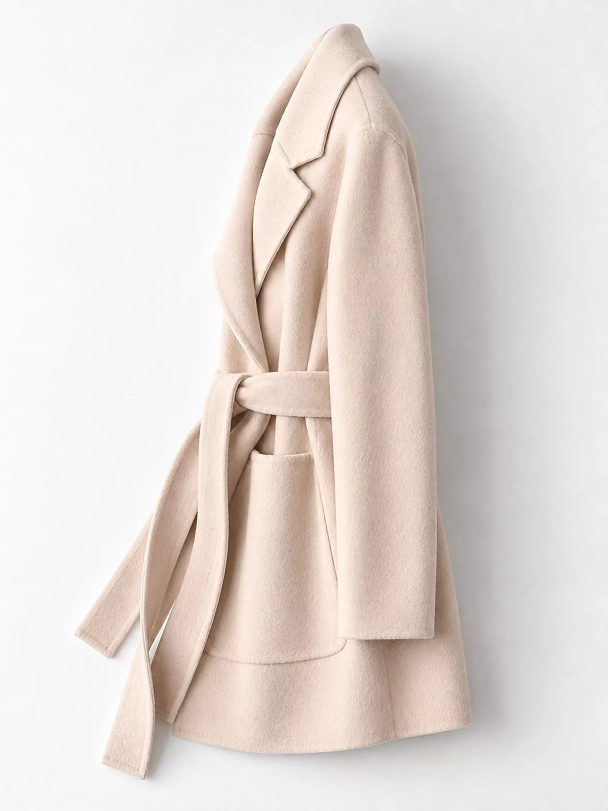 Cream belted double-sided wool coat, side view