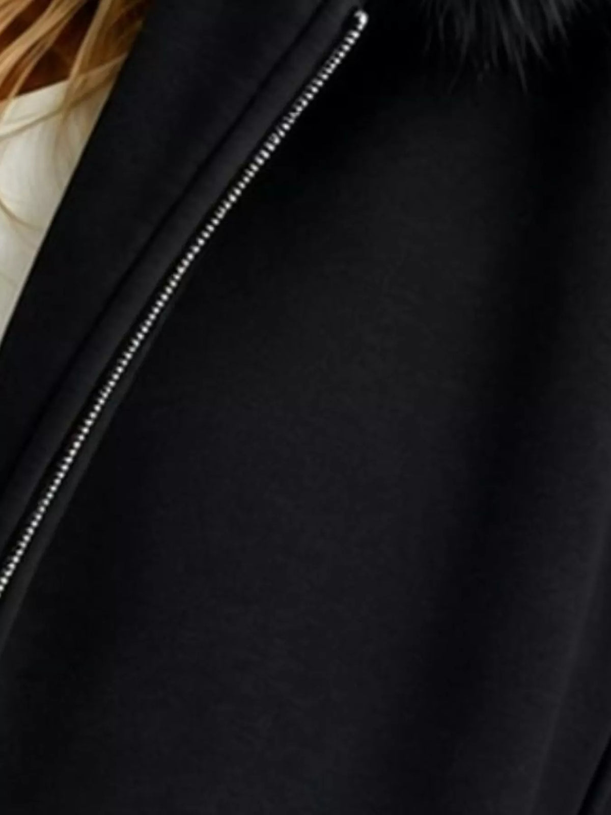 Faux Fur Hood Zip-Up Hoodie, detail view in black