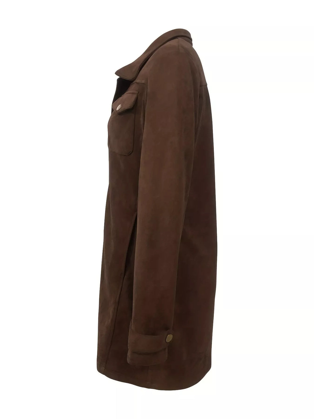 Brown long sleeve jacket with front pockets, side product view