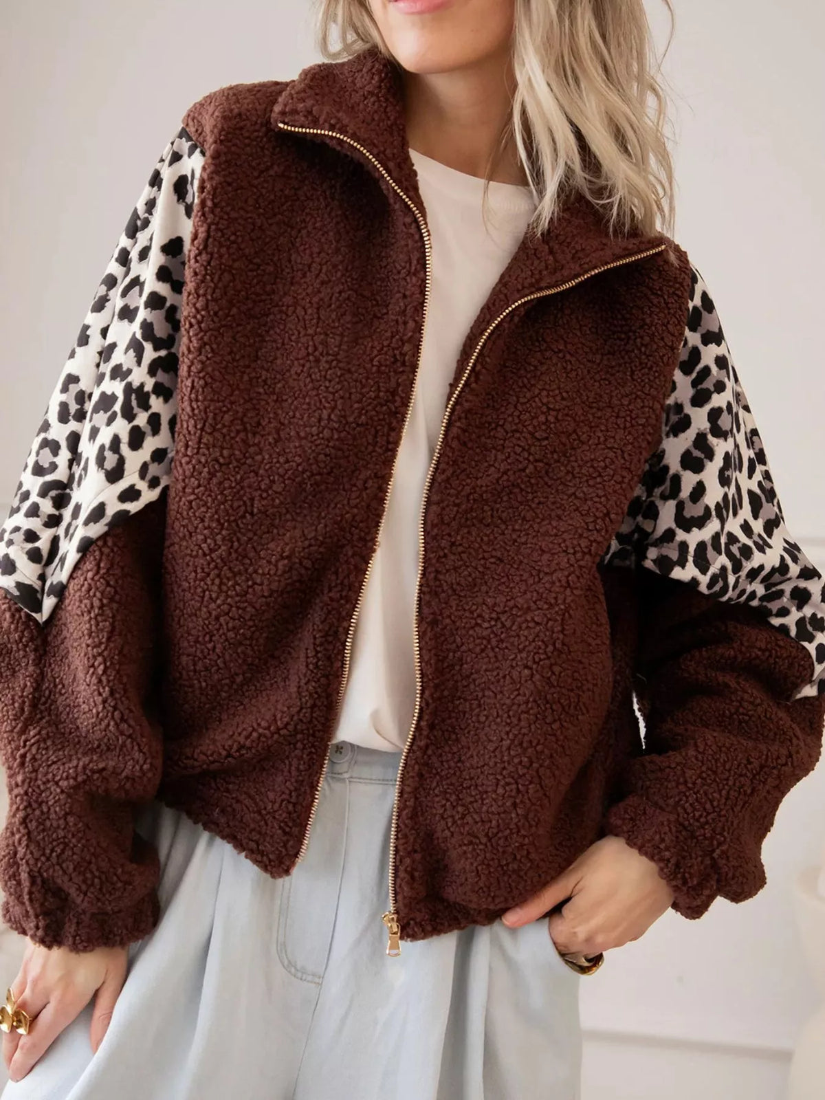 Leopard-patch fleece jacket, brown leopard jacket open front