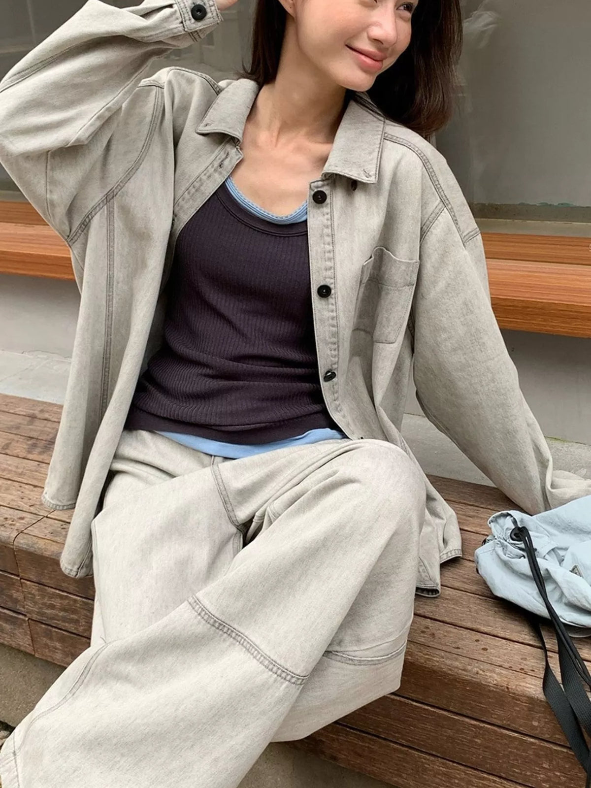 Gray button-down front denim shacket