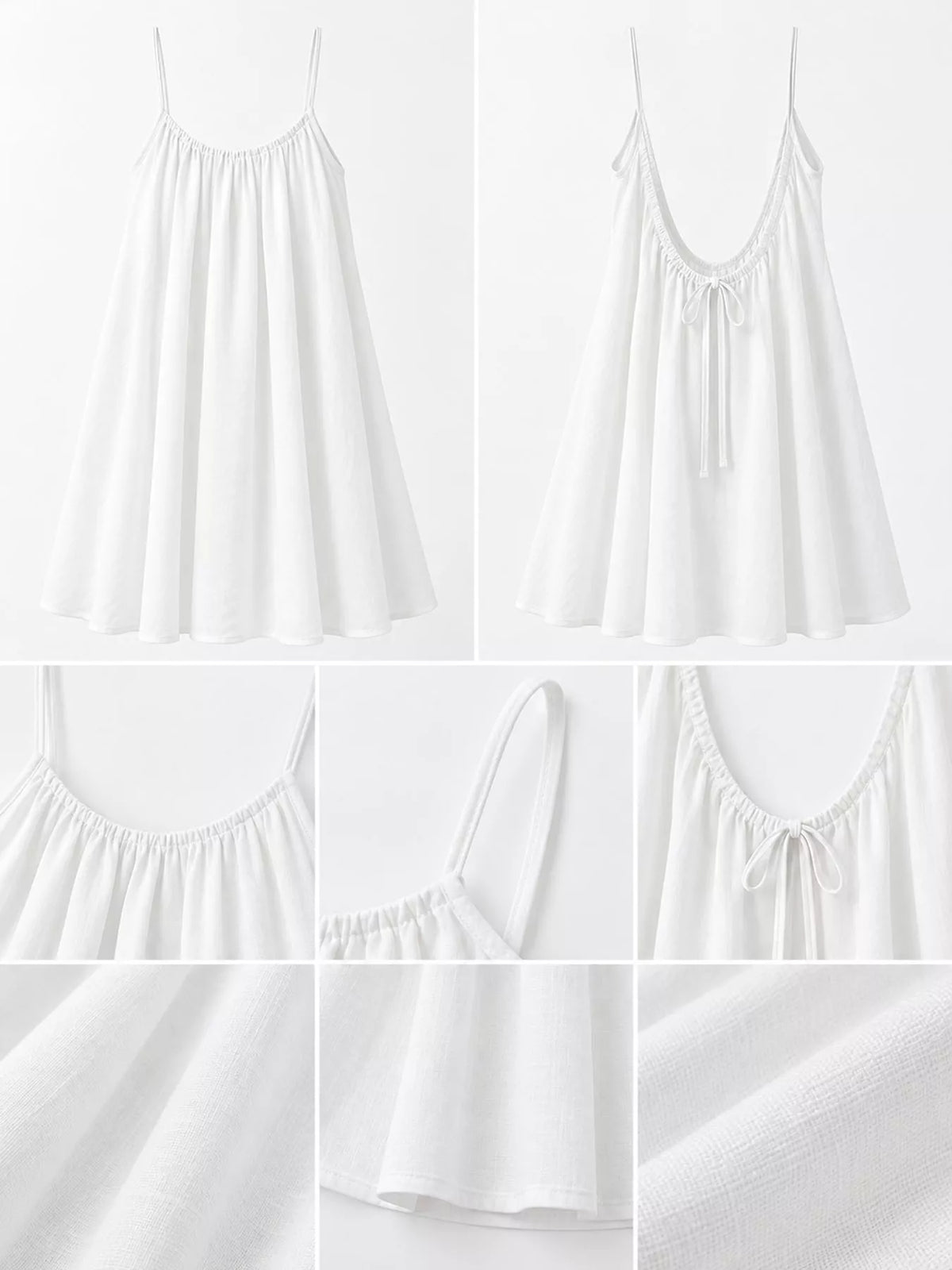 White spaghetti strap A-line mini dress with open tie back, front, back and construction details