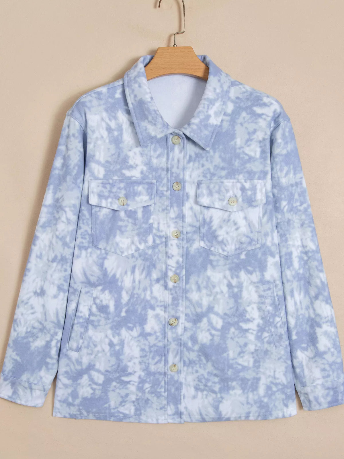 Light blue abstract print fuzzy collar tunic jacket — front view