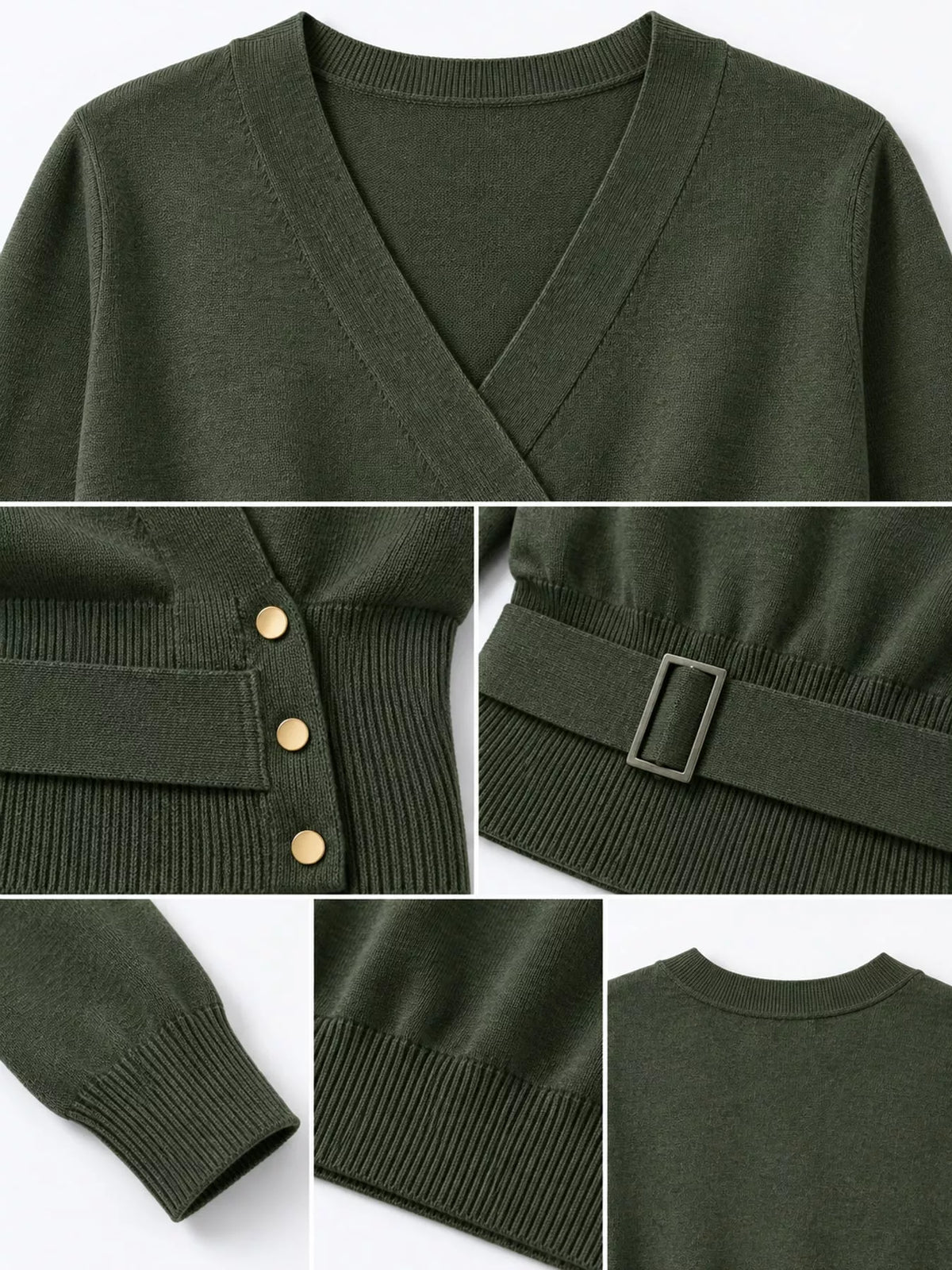 Surplice knit top, olive detail collage