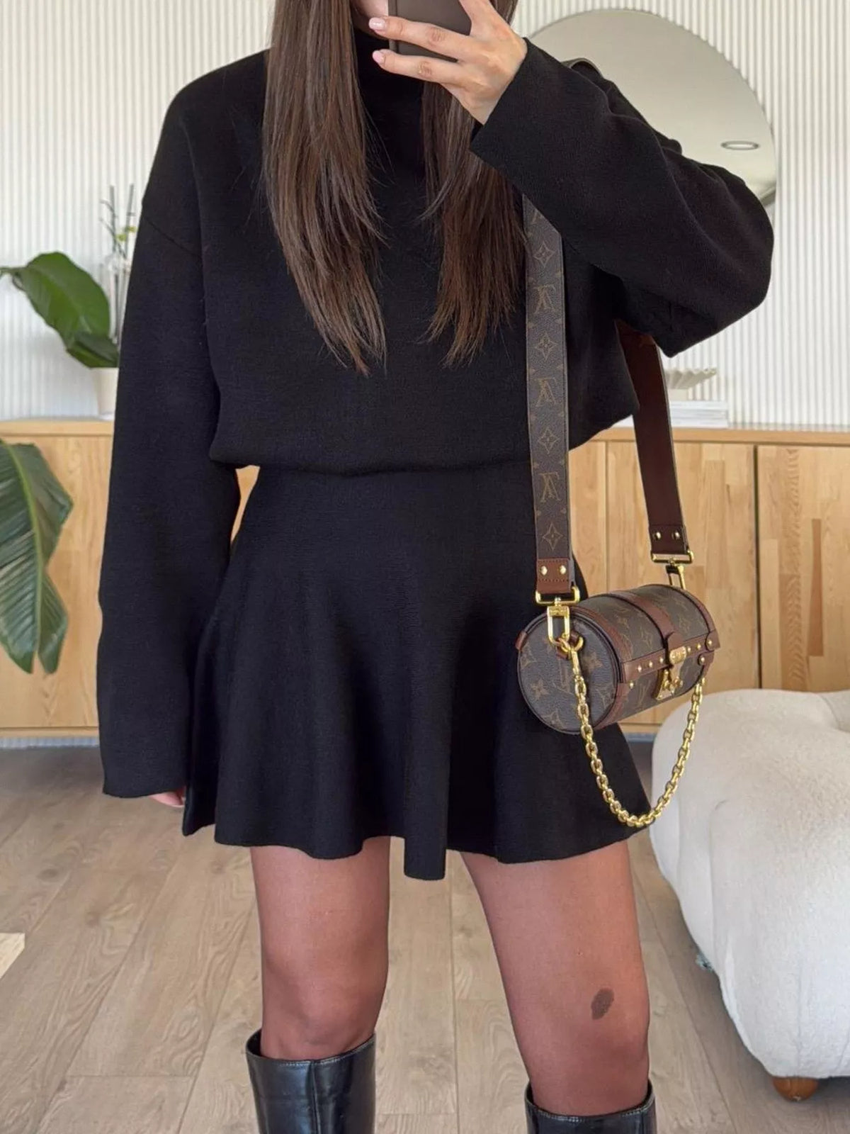 Black mock neck knit top and flared skirt set