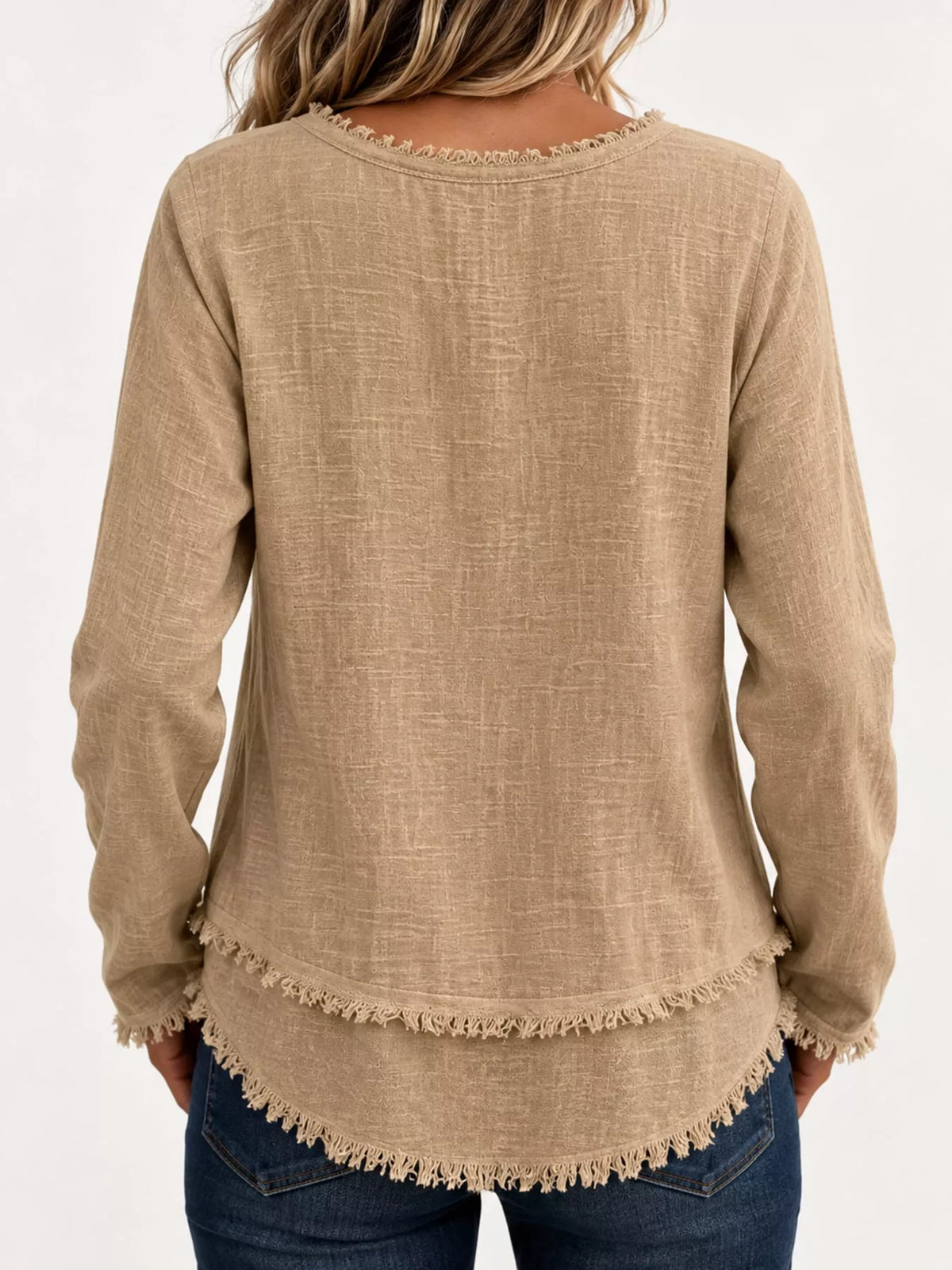 Frayed-hem blouse, tan back