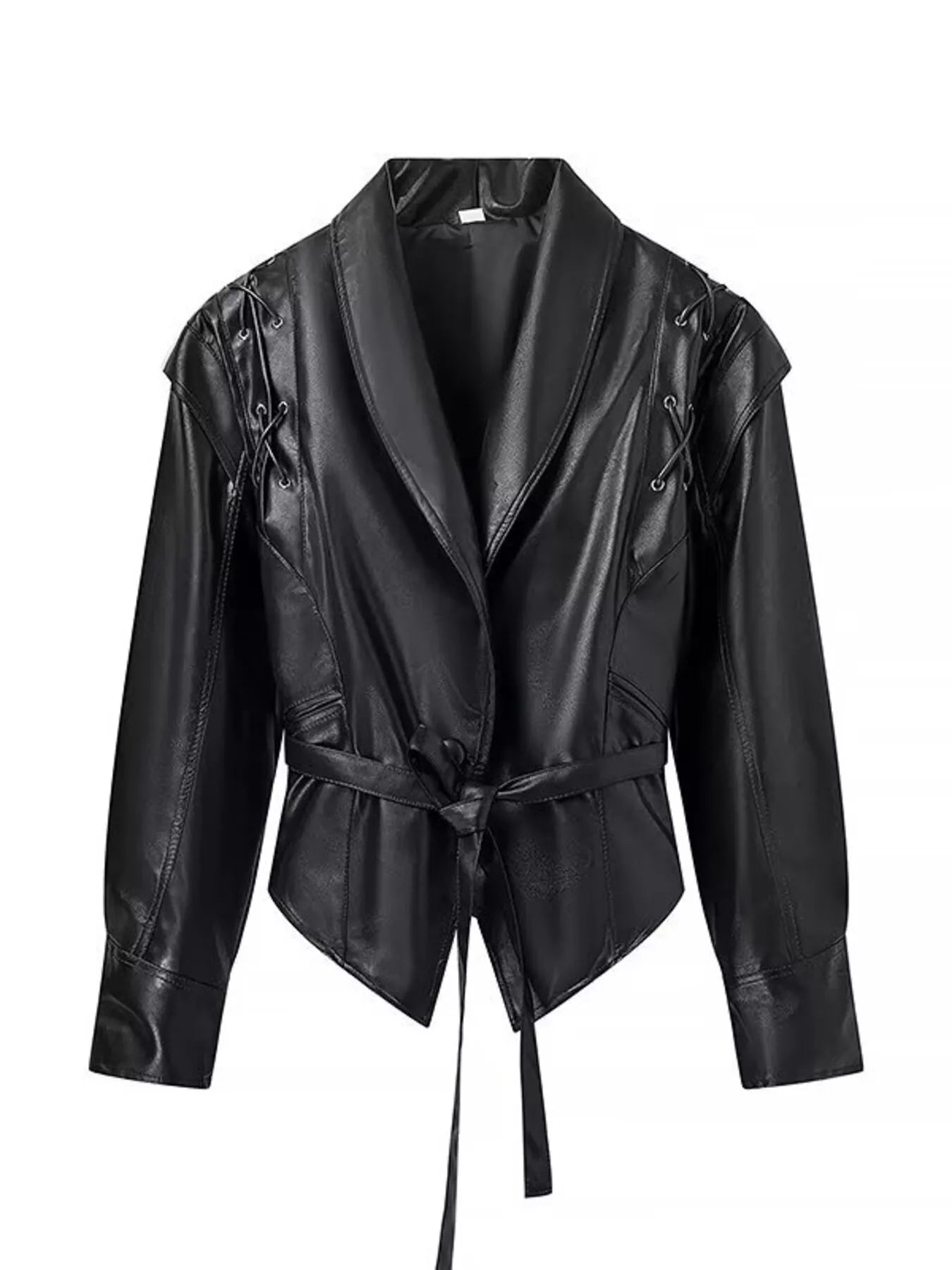 Trendsi Belted Leather Jacket with Shawl Collar -