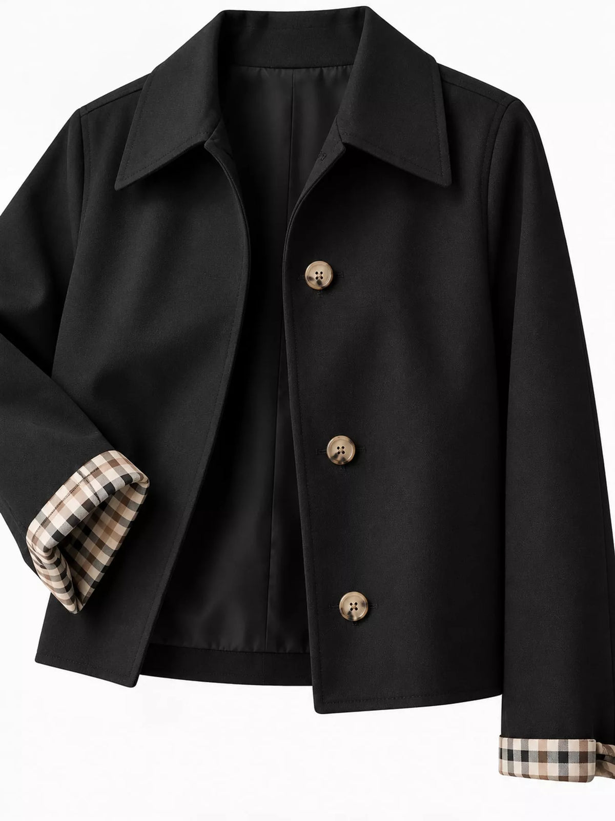 Cropped trench jacket, black plaid cuff detail
