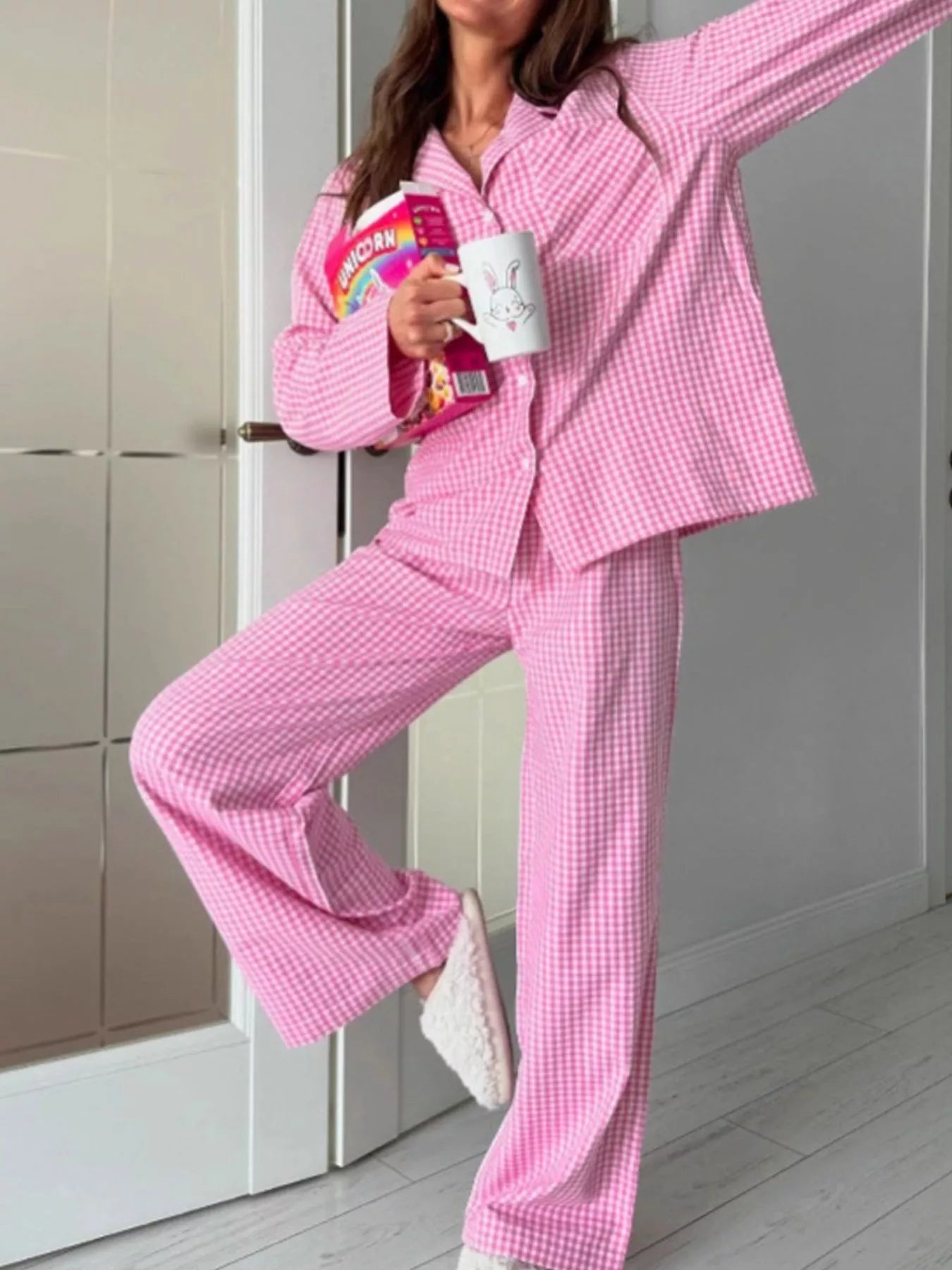 Trendsi Gingham Button-Down Top and Pants Loungewear Set -
