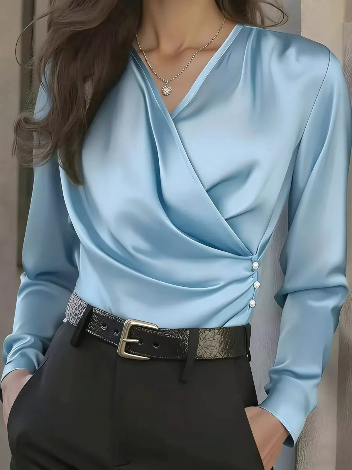 Surplice blouse, light blue front