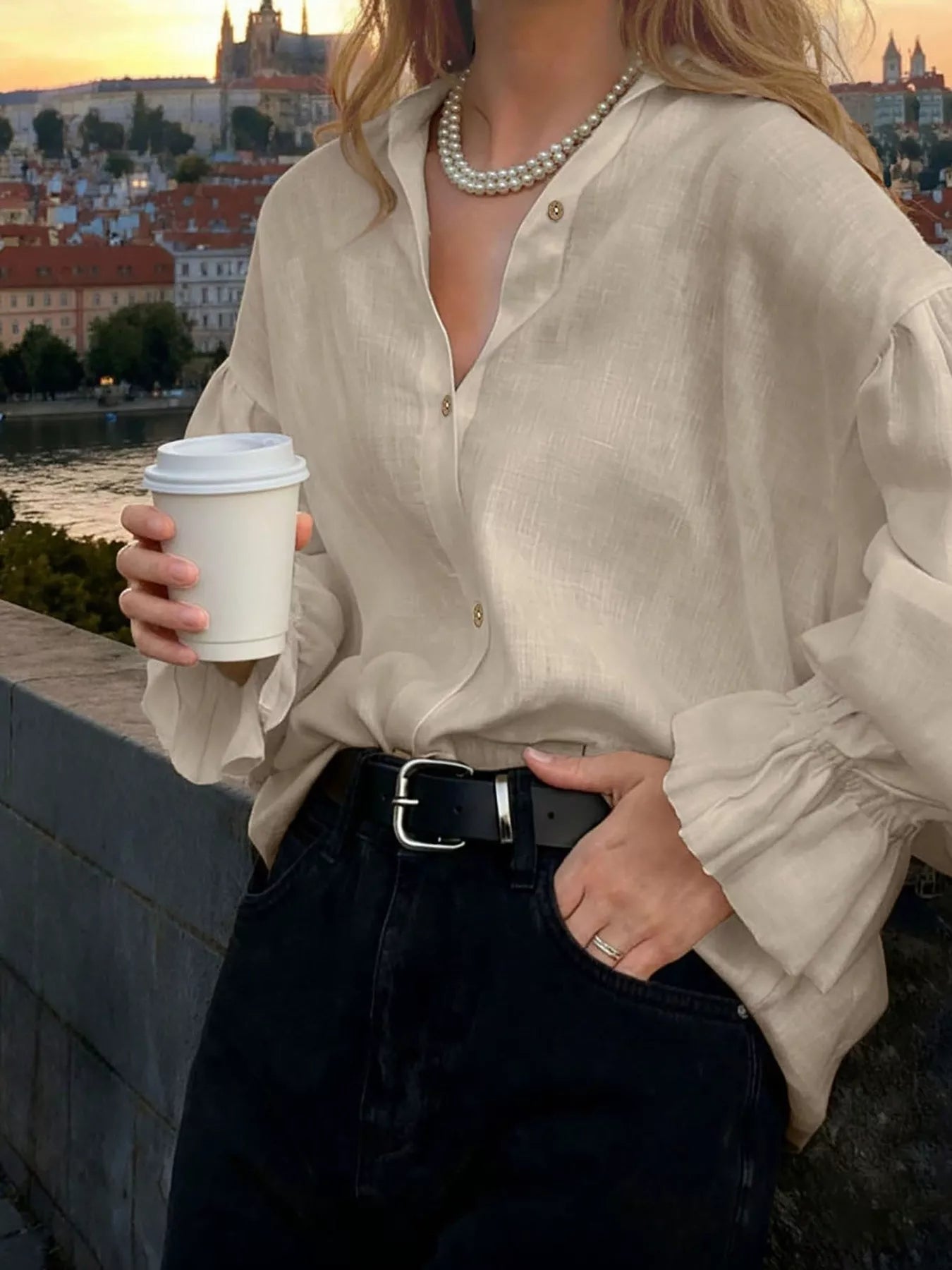 Trendsi Button Up Flounce Sleeve Shirt -