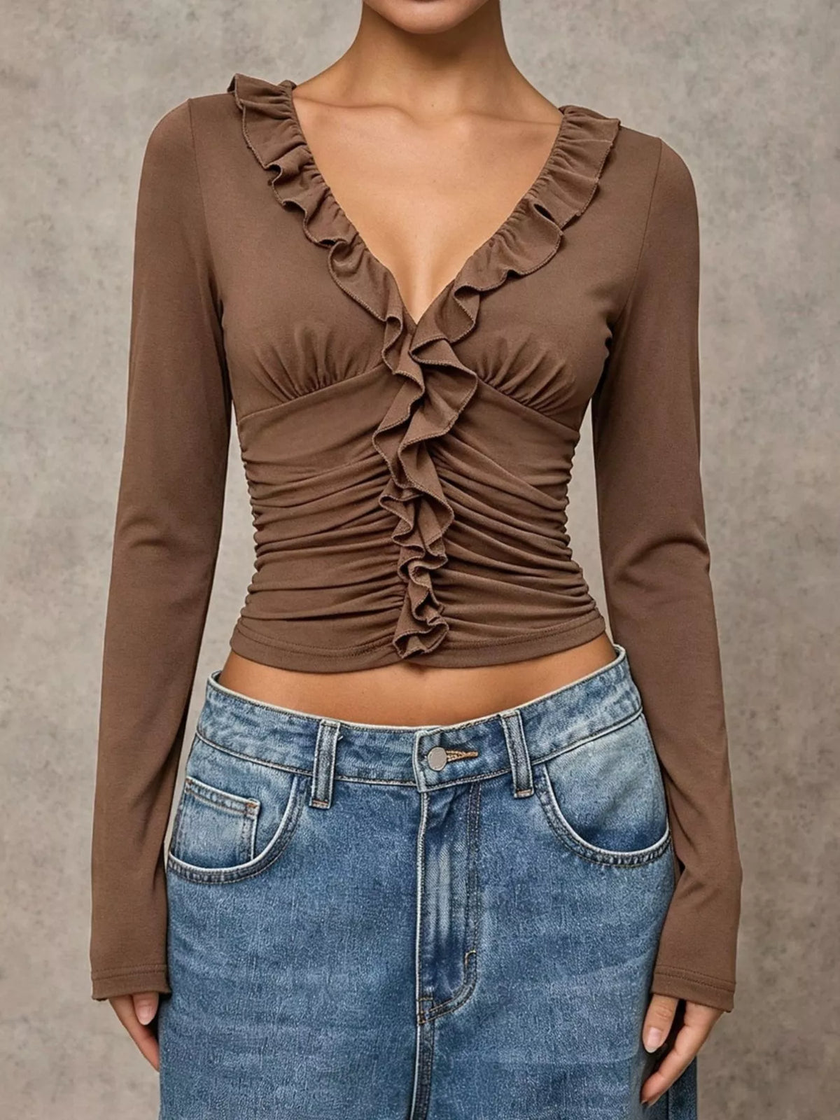 V-neck ruffle-trim ruched long sleeve top