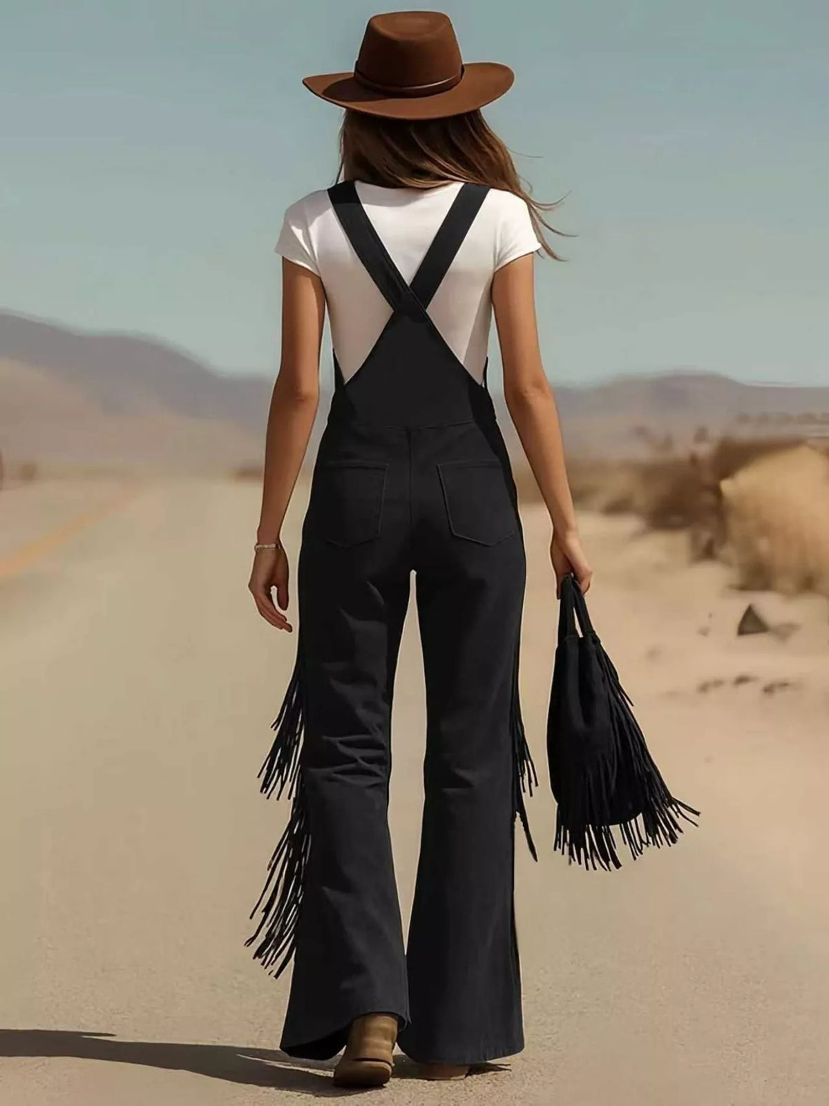 Fringe detail flare leg overalls