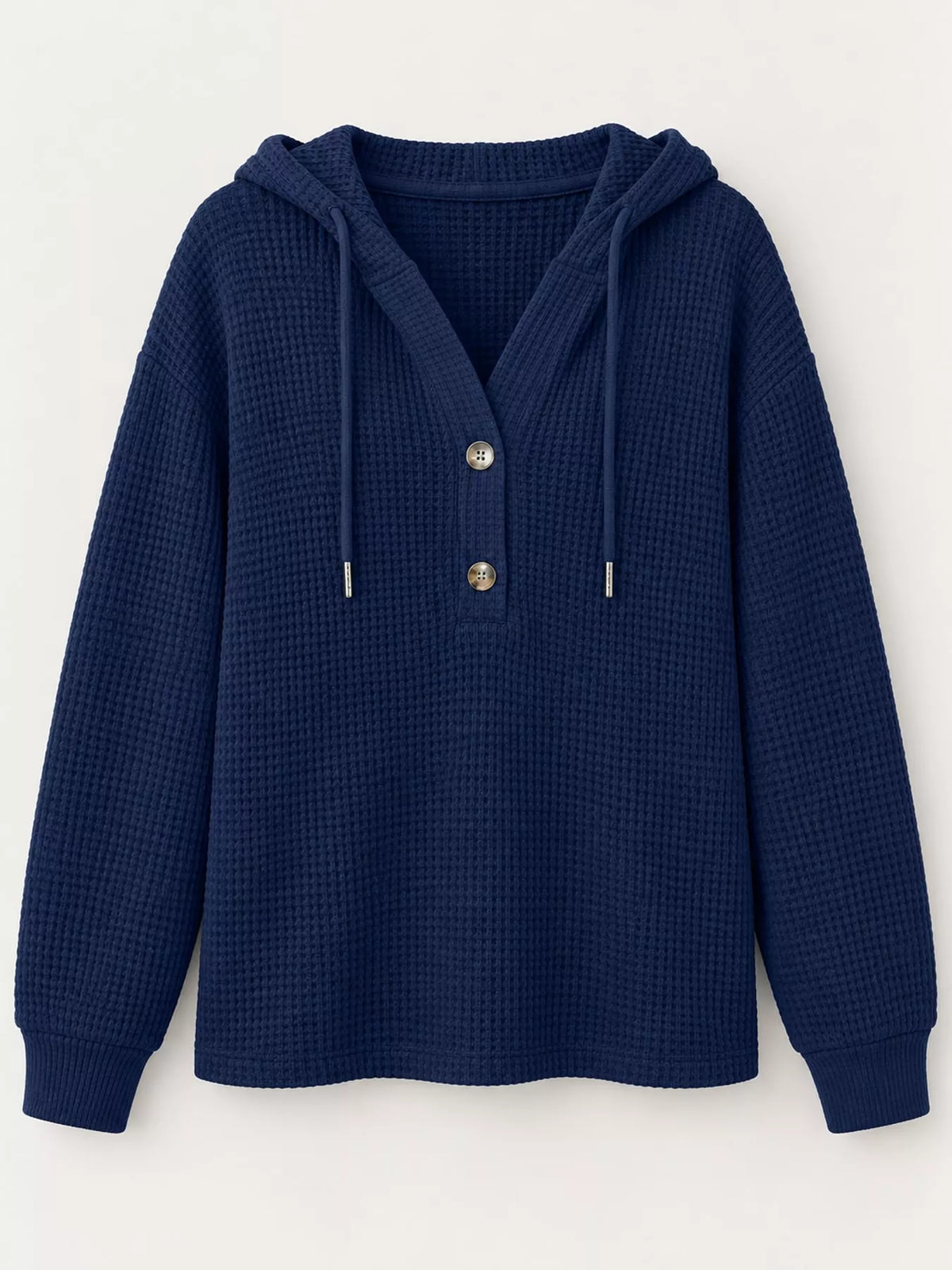 Navy waffle knit button-detail hoodie, product view