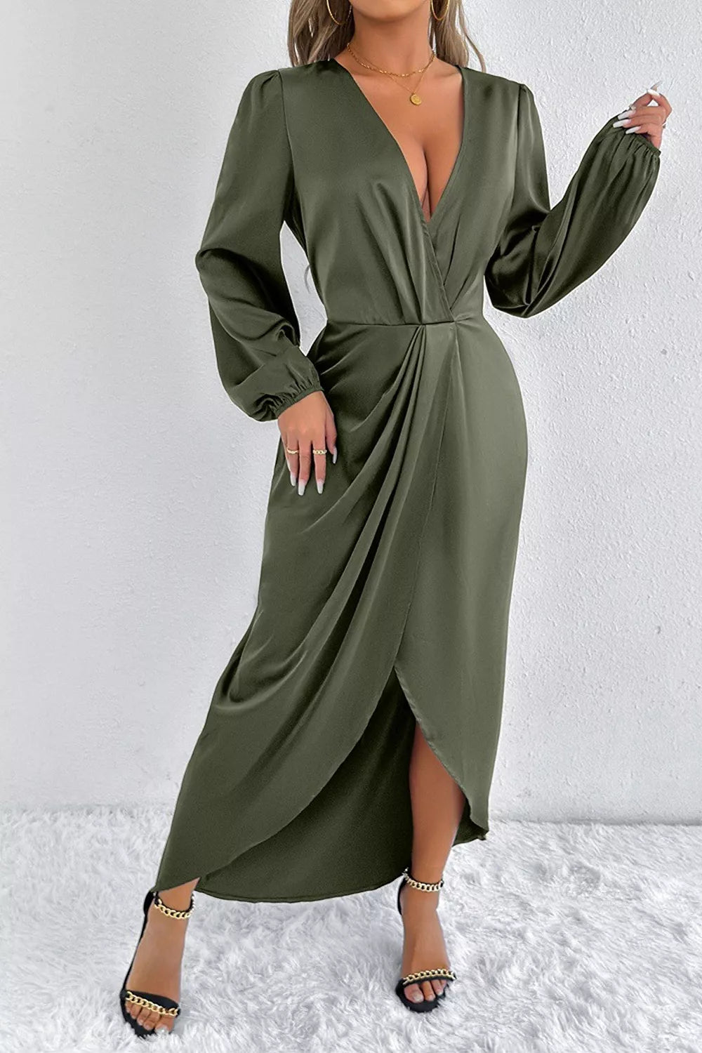 Trendsi Satin Balloon Sleeve Midi Dress -