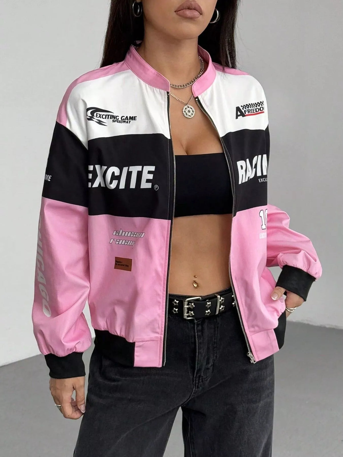 Pink and white letter-print zip-front jacket, open front view