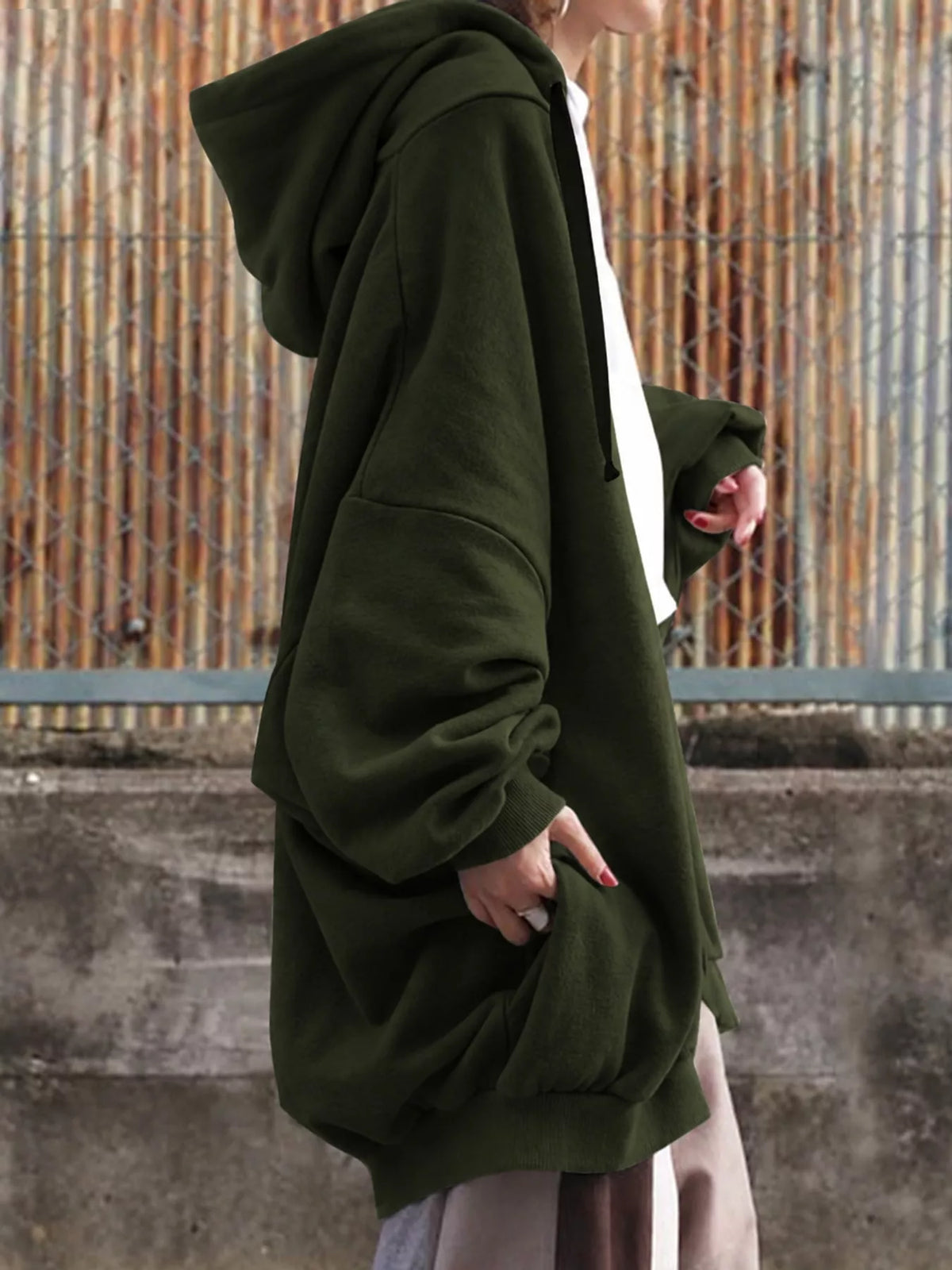 Army Green drawstring zip-up oversized hoodie