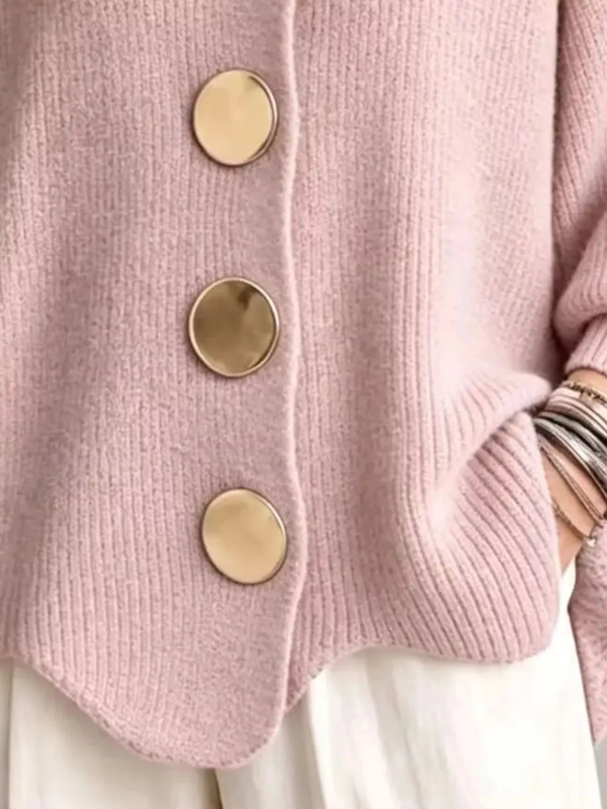 Trendsi Full Size Gold Buttons Lantern Sleeve Cardigan Plus Size -