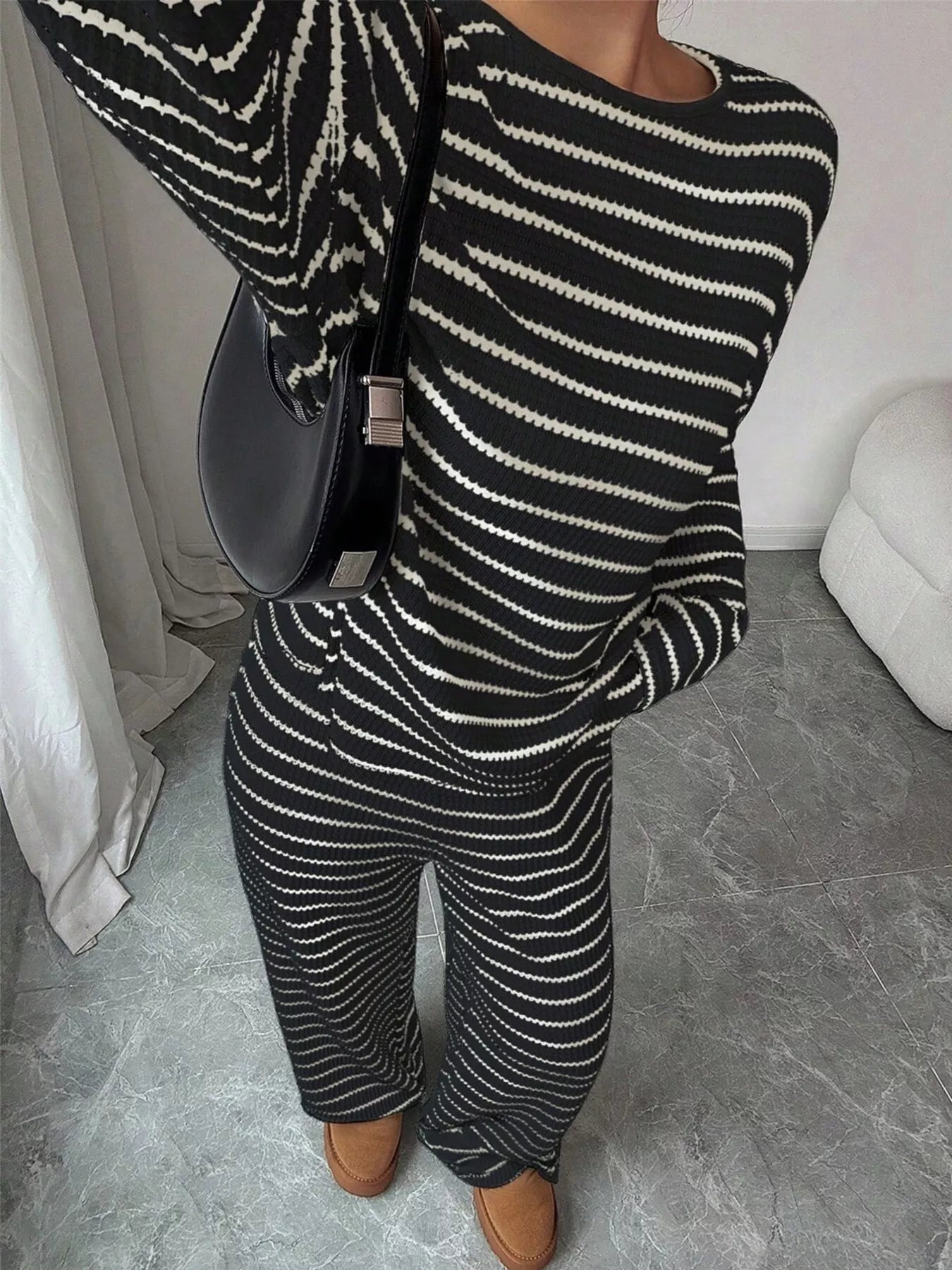 Trendsi Striped Knit Dropped Shoulder Top and Pants Set -