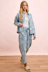 Trendsi BiBi Printed Washed Denim Jacket With Pocket -