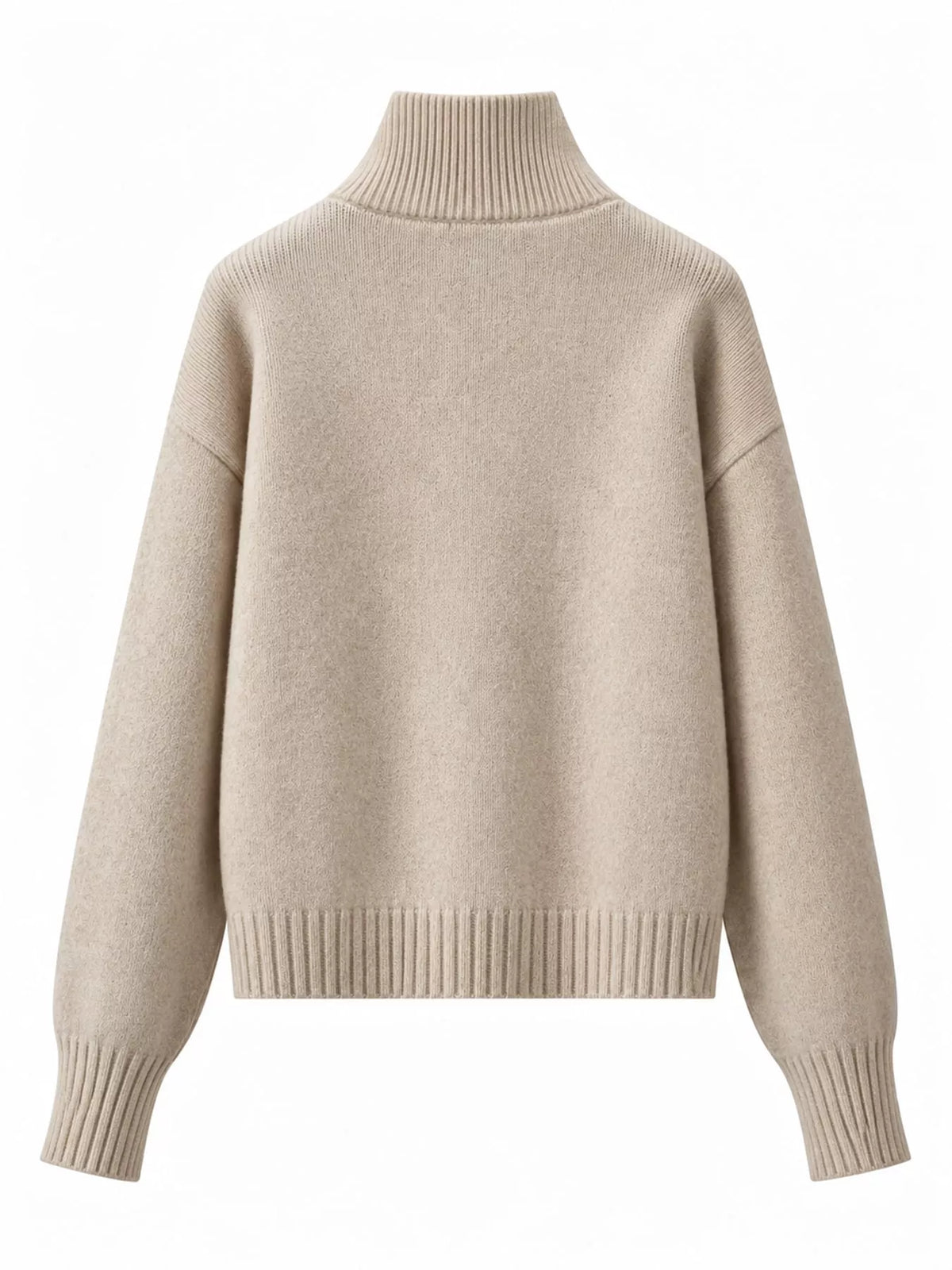 Oatmeal turtleneck zip-up cardigan, back view