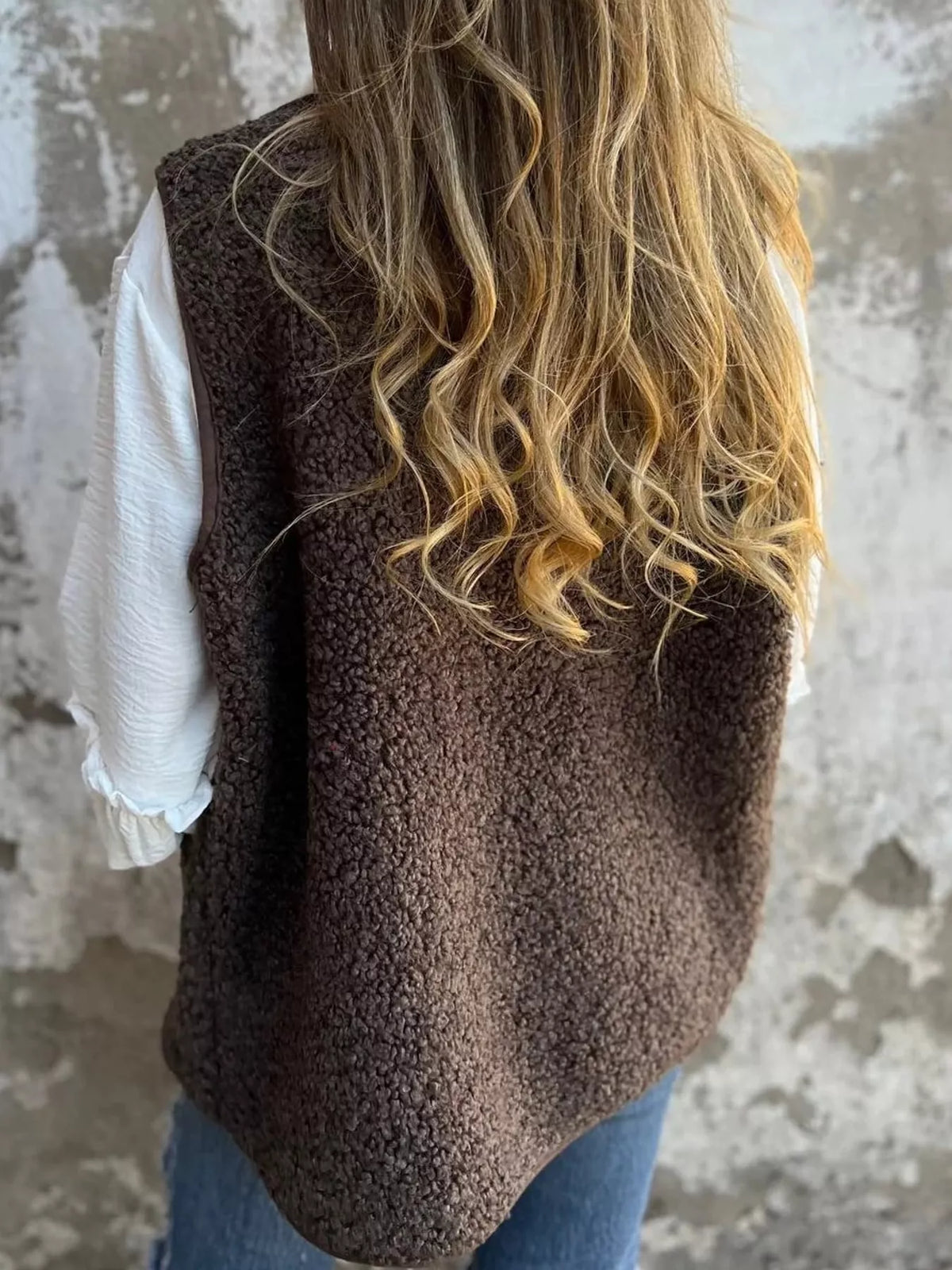 Women's Sherpa Button-Down Vest in brown — back view
