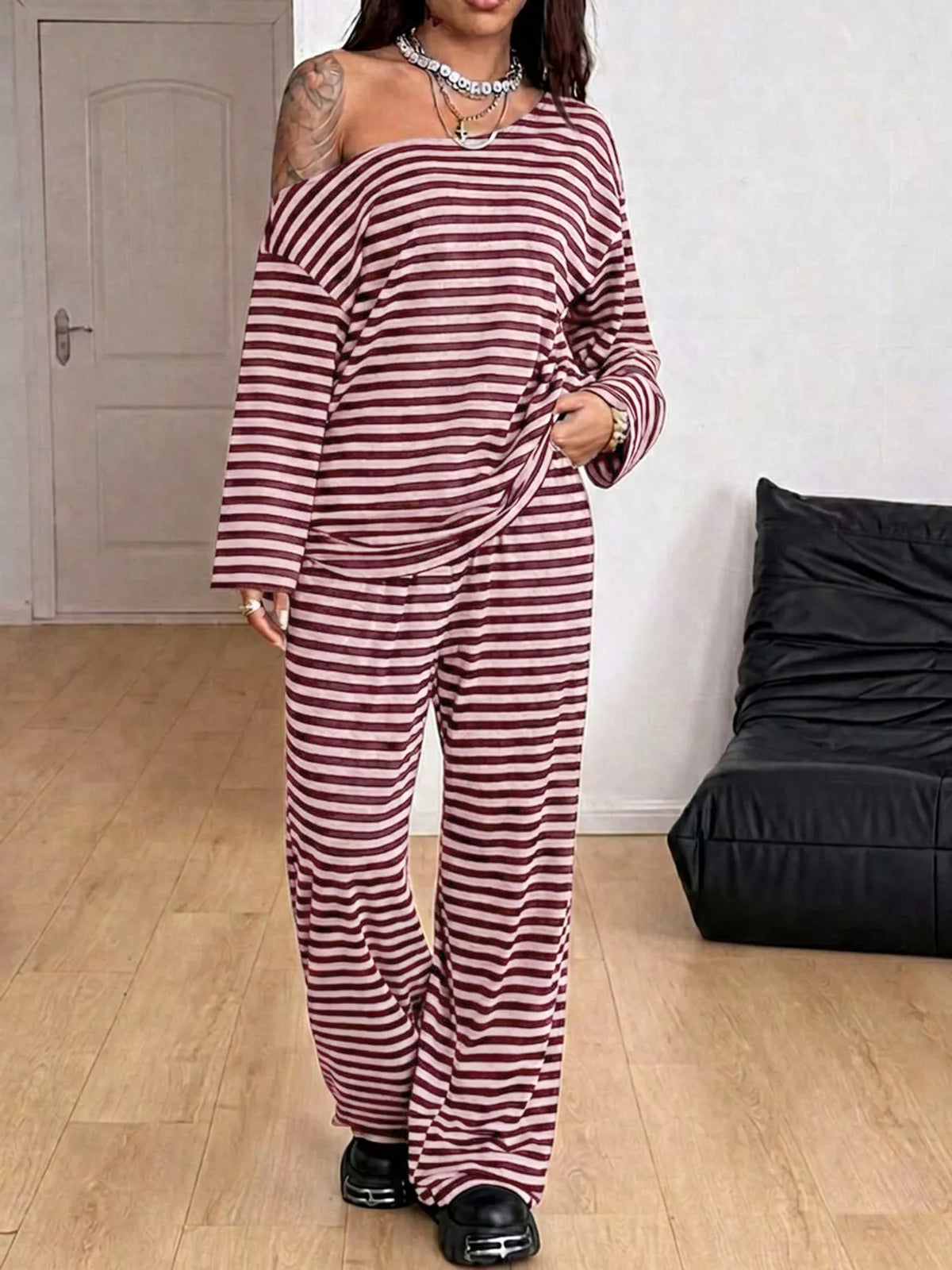 Off-Shoulder Striped Long Sleeve Top and Wide Leg Pants Set in multicolor