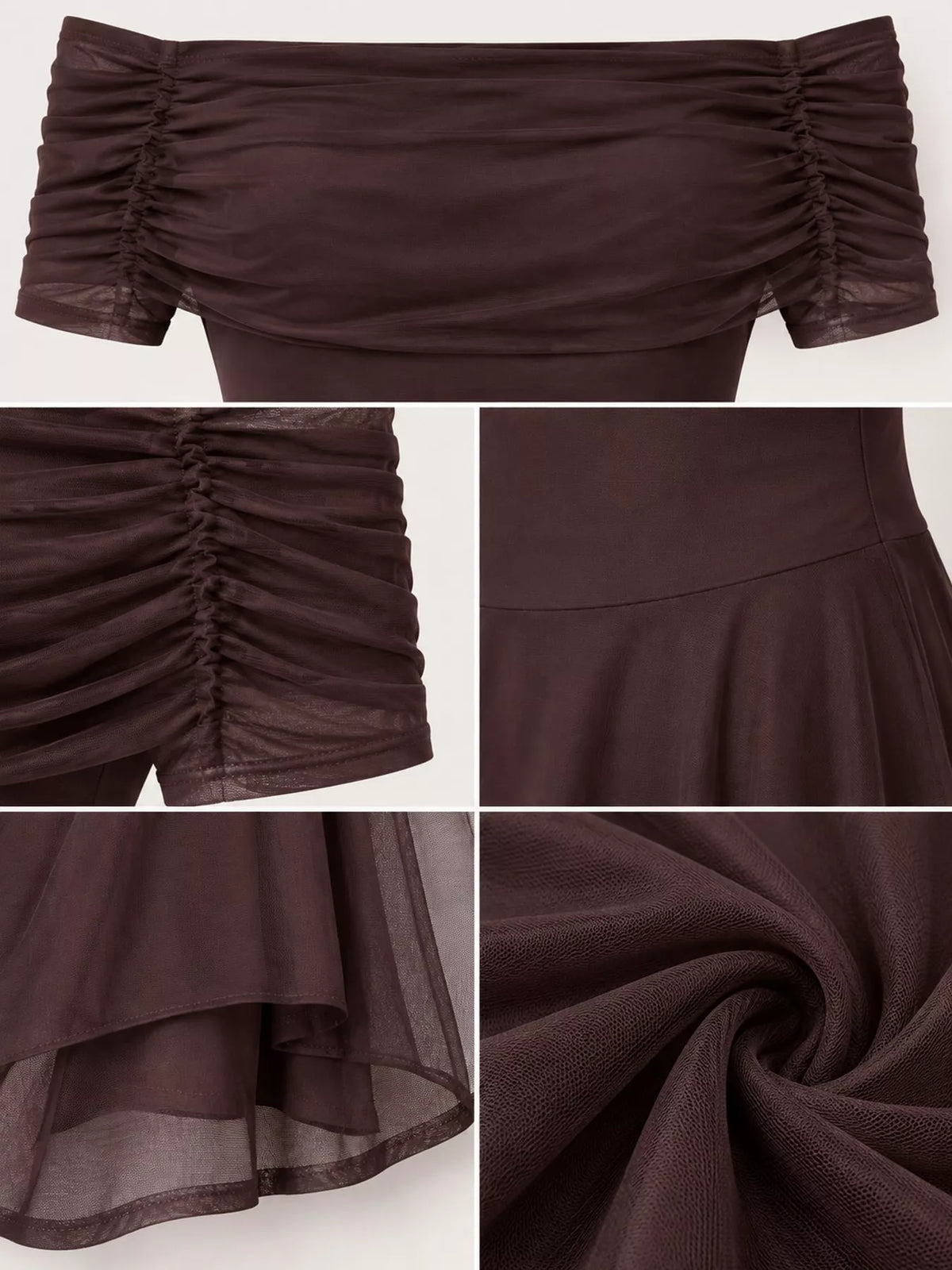 Brown off-shoulder ruched maxi dress — design and construction details
