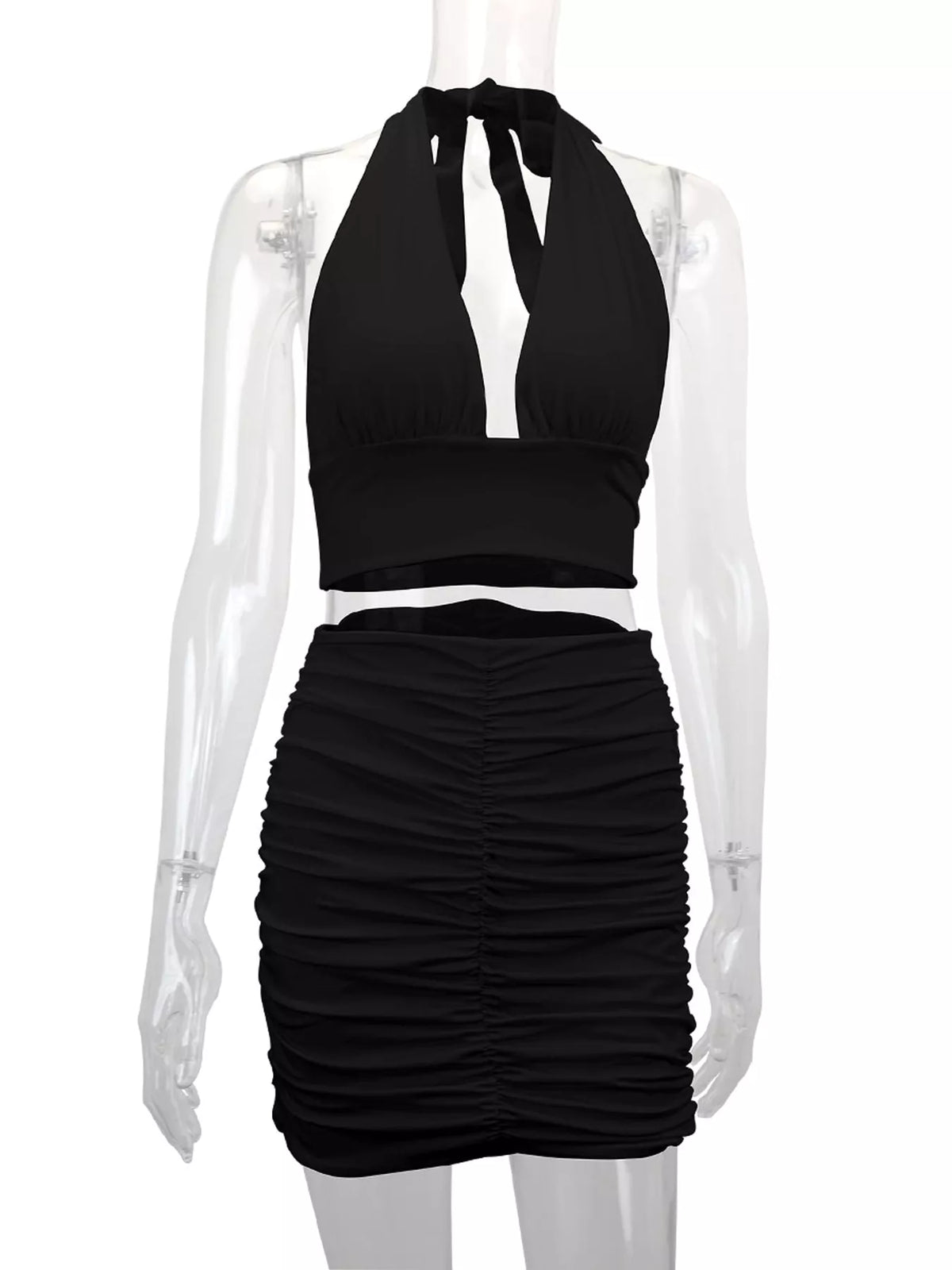 Black halter crop top and ruched bodycon mini skirt set