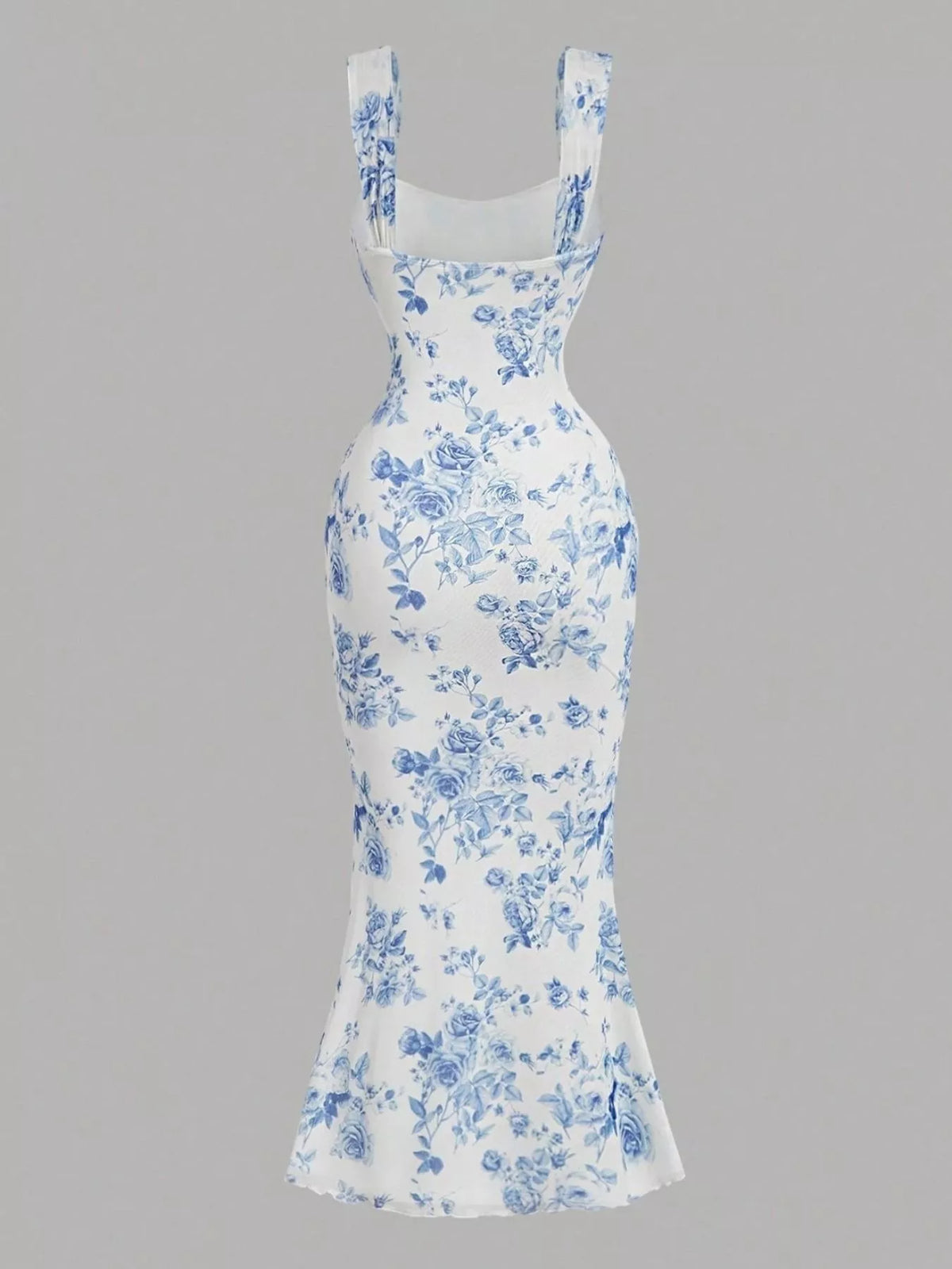 Blue and white floral bodycon midi dress, back view.