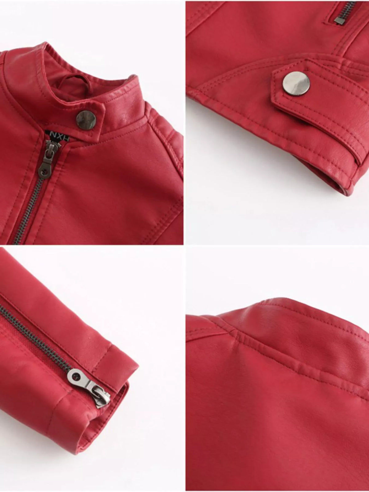Faux-leather moto jacket, red collar snaps and sleeve zip details