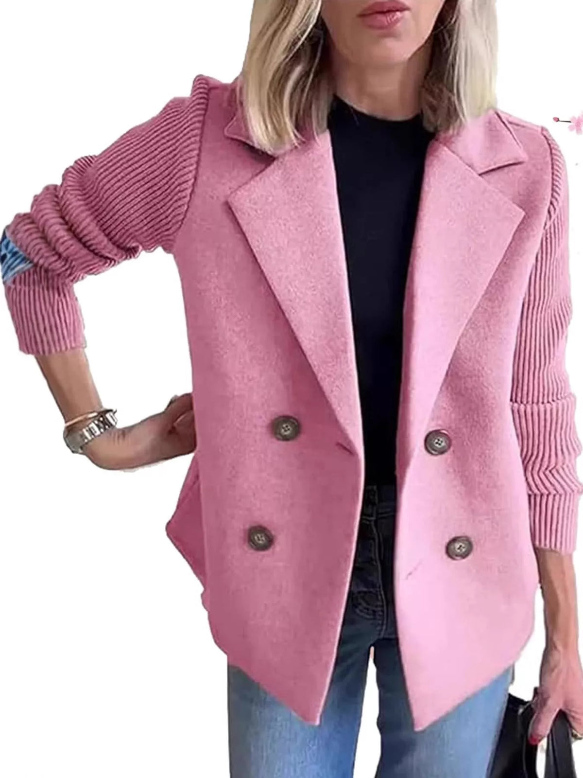 Pink double-breasted blazer with ribbed knit sleeves