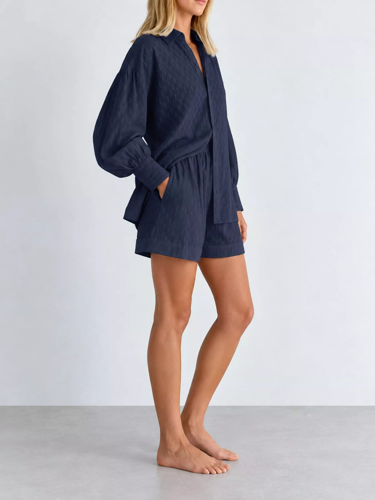 Women's Textured Button-Down Shirt and Shorts Set in navy — side view