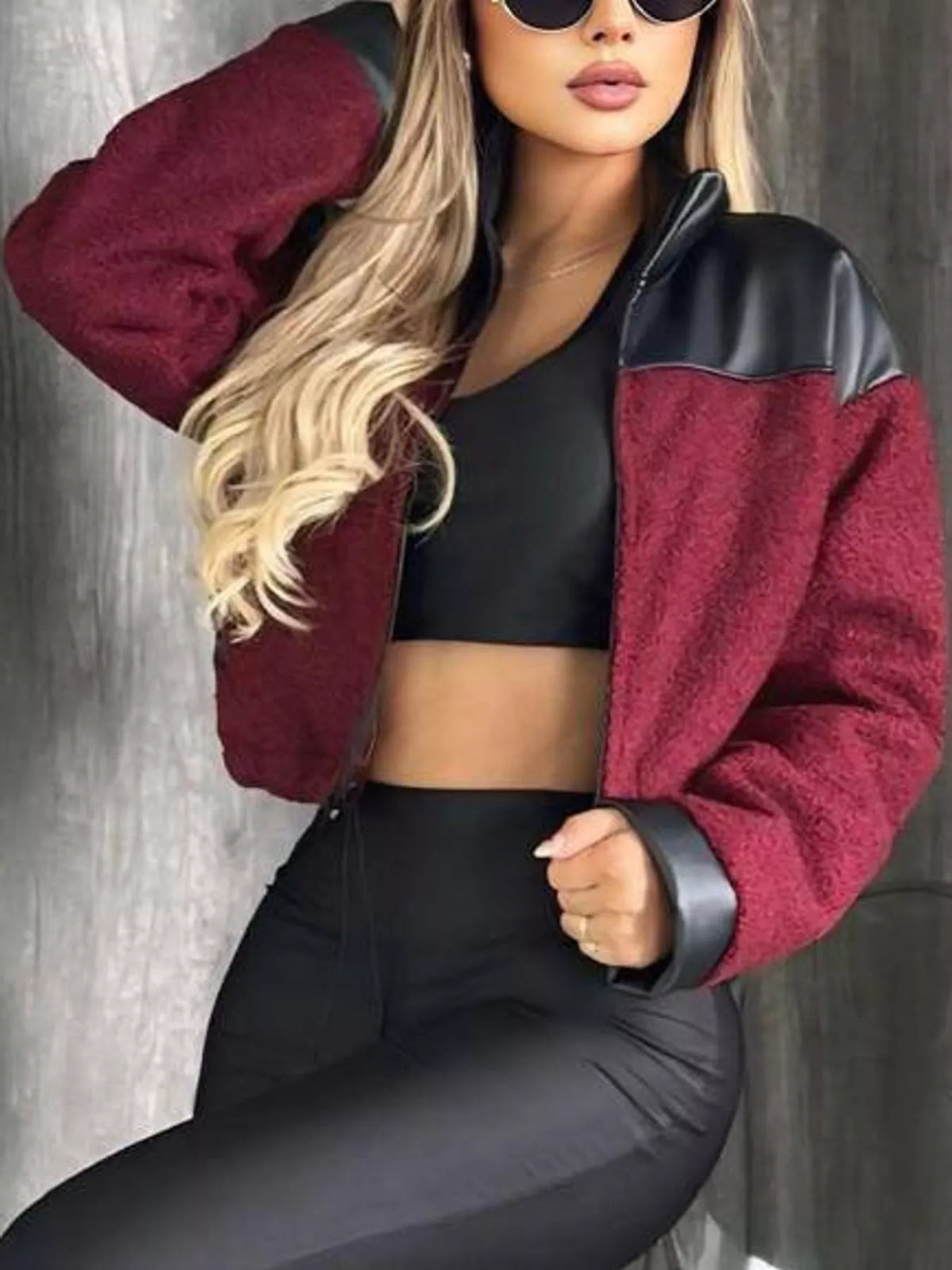 Sherpa-contrast jacket, burgundy open front