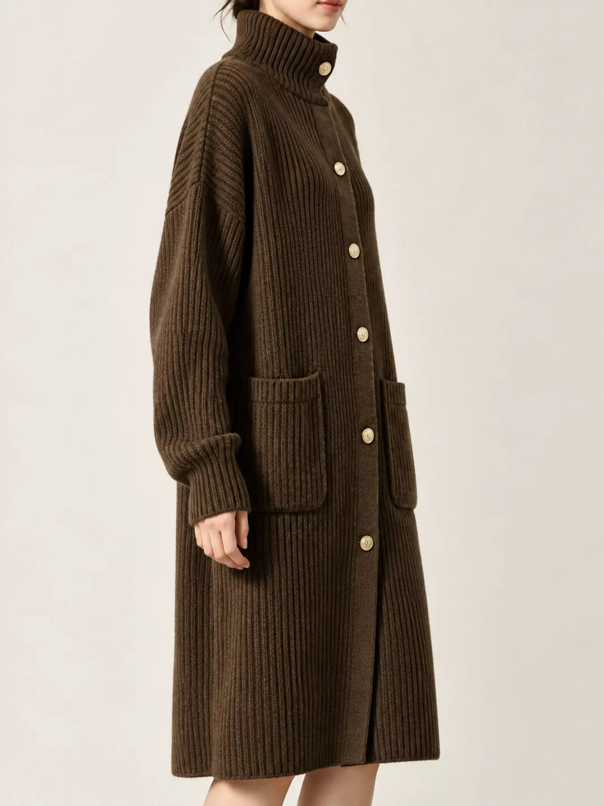 Brown ribbed turtleneck longline cardigan, side view